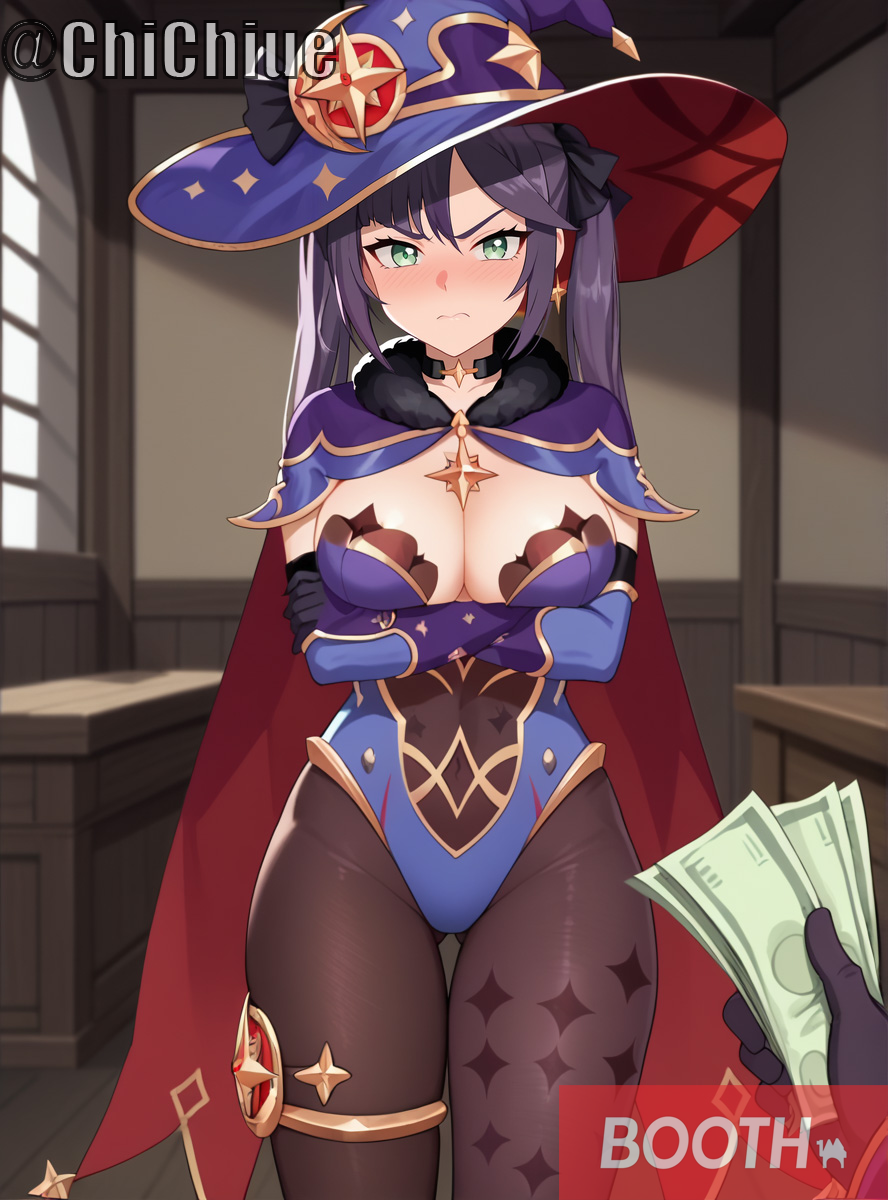 ai_generated banknote bodystocking genshin_impact mona_(genshin_impact) money pantyhose purple_hair thick_thighs witch_hat