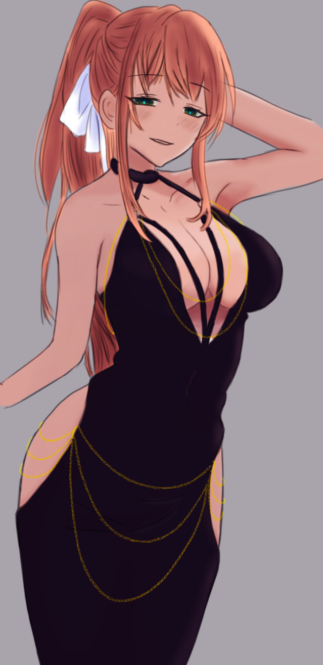 1girls, breasts, cleavage, doki doki literature club, dress, female, koda (pixiv user id 87182653), long hair, monika (doki doki literature club), pointy chin, white bow