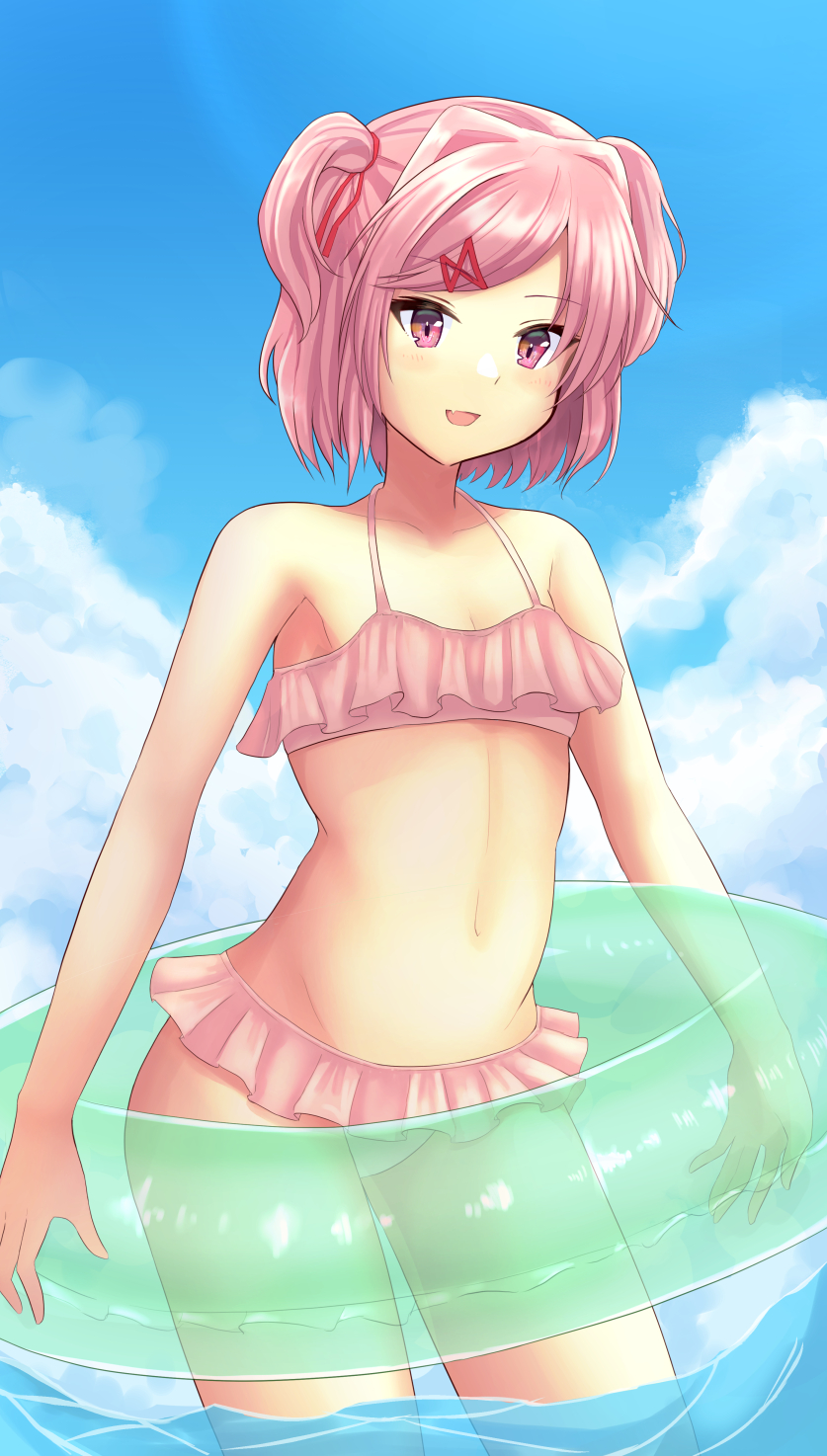 anime_style armpit breasts clouds cowboy_shot doki_doki_literature_club elforein fang female female_only flat_chest frilled_bikini frilled_bikini_bottom frilled_bikini_top green_innertube hair_intakes hair_ribbon holding_innertube holding_with_two_hands innertube light-skinned_female light_blush light_skin natsuki_(doki_doki_literature_club) open_mouth partially_submerged petite pink_bikini pink_bikini_bottom pink_bikini_top pink_eyes pink_hair red_hair_ornament red_ribbon sea short_hair skin_fang sky solo swept_bangs swim_ring thin_arms two_side_up water x_hair_ornament