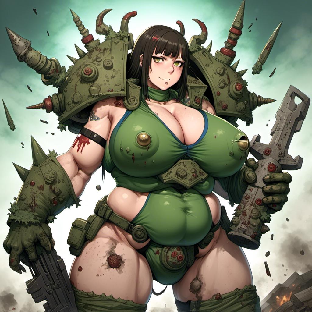 ai_generated armored_female brown_hair chaos_(warhammer) chaos_space_marine chubby_female female_focus female_only female_space_marine green_eyes nurgle plague_marine rule_63 warhammer_(franchise) warhammer_40k