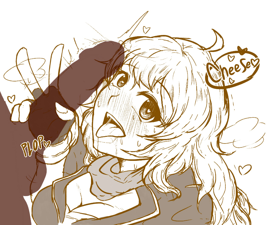 ahoge, beruzumi-m, blush, breasts, breath, cleavage, english, female, heart, heart-shaped pupils, long hair, looking at viewer, male, open mouth, penis, rwby, saliva, scarf, smile, straight, symbol-shaped pupils, text, tongue, tongue out, v, yang xiao long