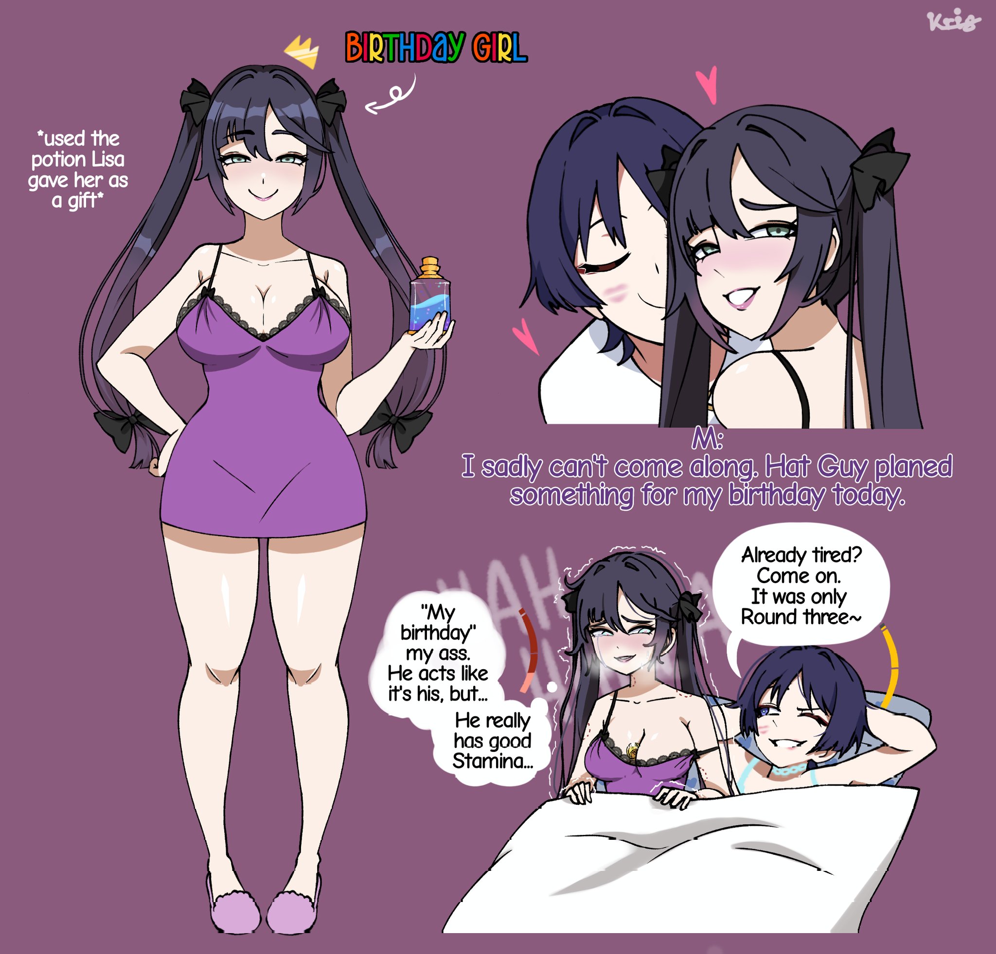 1boy, 1girls, after sex, alternate costume, breasts, female, genshin impact, kriszard19, male, mona (genshin impact), scaramouche (genshin impact)