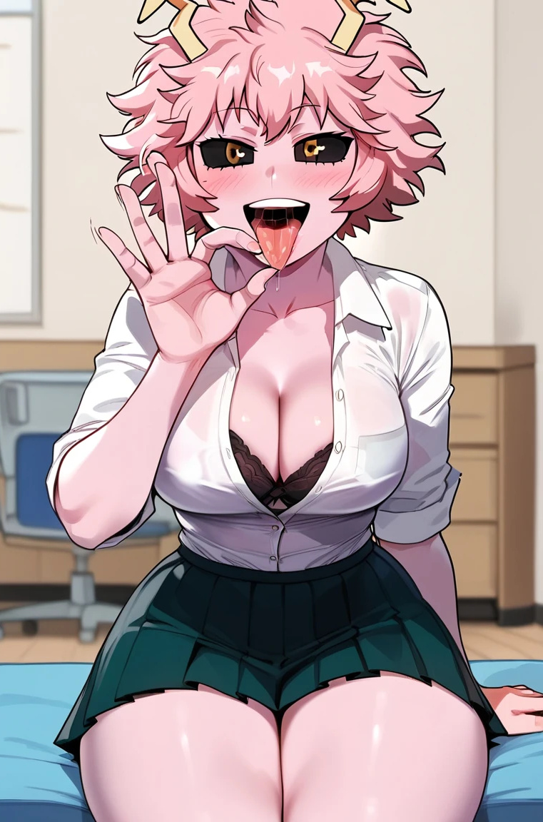 ai generated, bare legs, big breasts, black eyes, boku no hero academia, breasts, fellatio gesture, female, horn, horns, huge breasts, huge thighs, looking at viewer, massive breasts, mina ashido, my hero academia, pink body, pink hair, pink skin, quillai, school uniform, schoolgirl, short hair, shounen jump, solo female, squatting, sweat, sweatdrop, thick body, thick female, thick thighs, thighs, thighs bigger than head, tongue, tongue out, voluptuous, voluptuous female