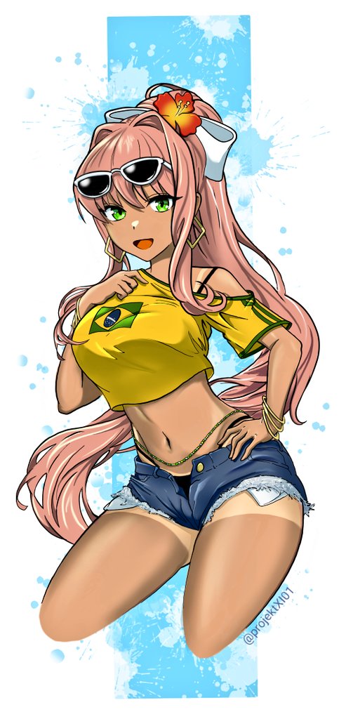 1girls brazil brazilian brazilian_female brazilian_monika doki_doki_literature_club female female_only glasses green_eyes long_hair monika_(doki_doki_literature_club) navel projektxi01 shorts tanline white_bow