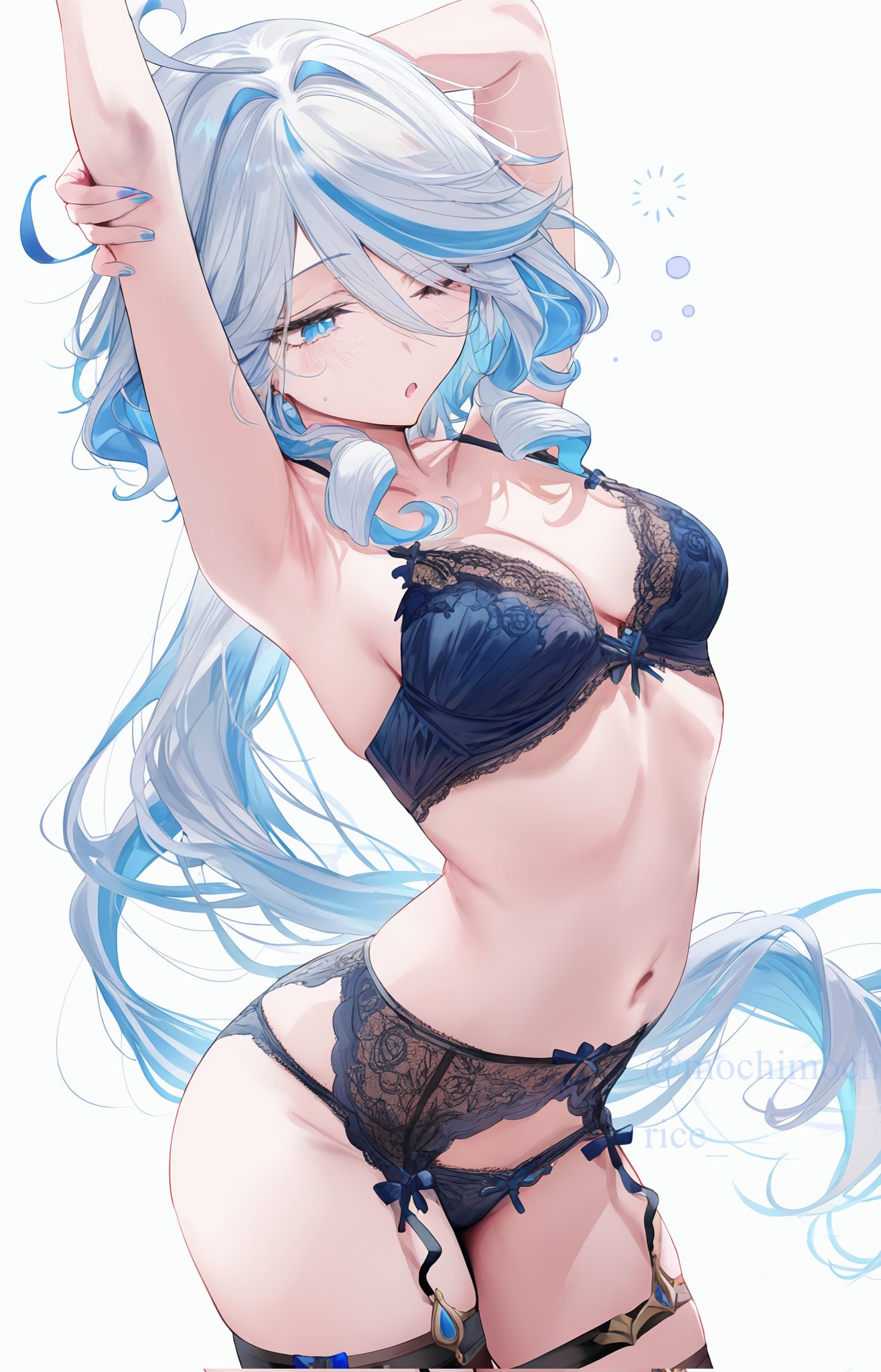 1female 1girl 1girls ai_generated armpits belly belly_button bra breasts commentary_request english_commentary female female_only furina_(genshin_impact) genshin_impact hi_res highres lingerie mixed-language_commentary mochimochirice panties solo solo_female very_high_resolution