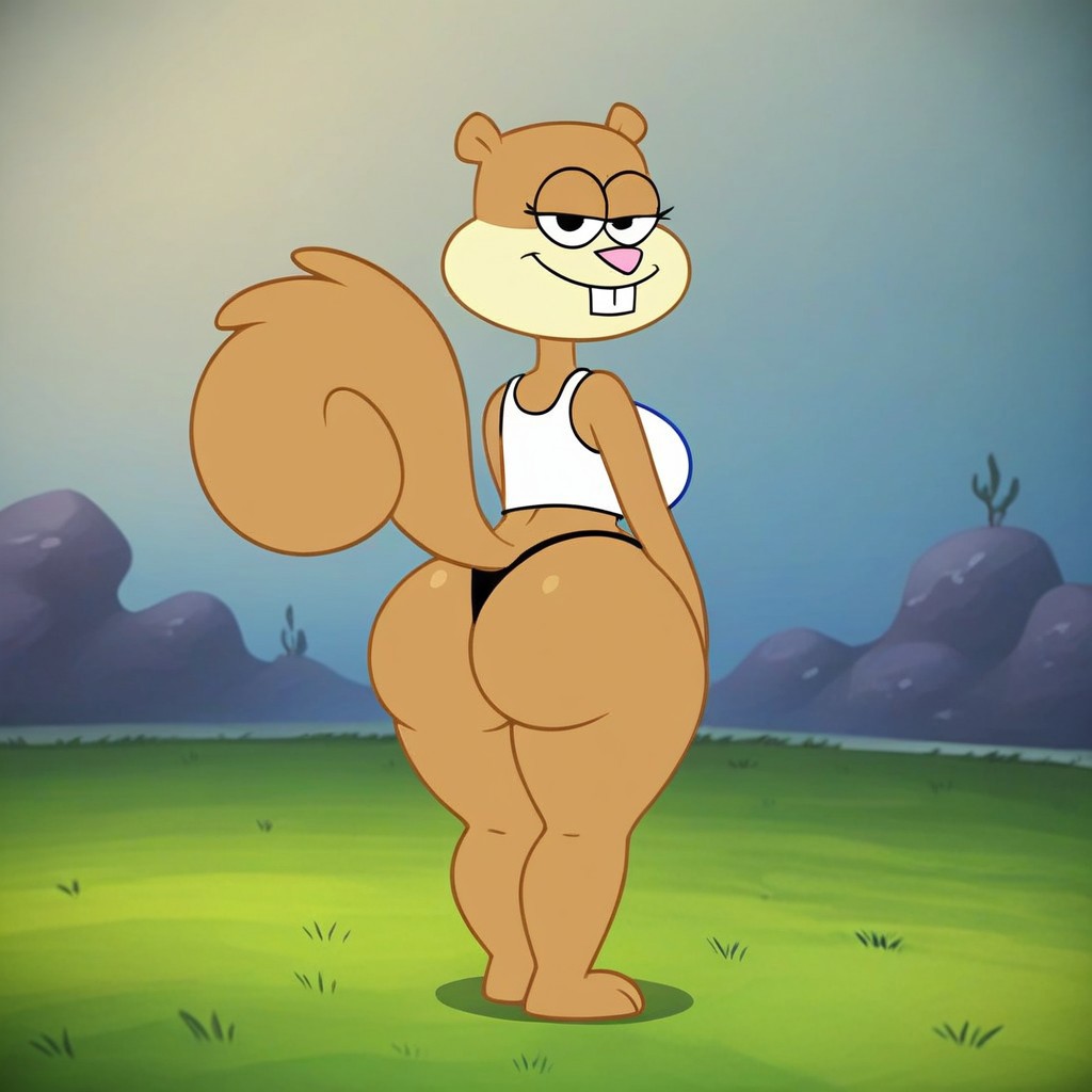 1girls, accurate art style, ai generated, ass, bedroom eyes, black thong, breasts, bubble ass, bubble butt, buckteeth, clothed, clothing, female, from behind, full body, large ass, large breasts, looking at viewer, rear view, sandy cheeks, smile, solo, solo focus, spongebob squarepants, squirrel, standing, tail, tank top, thick thighs, thong, white tank top