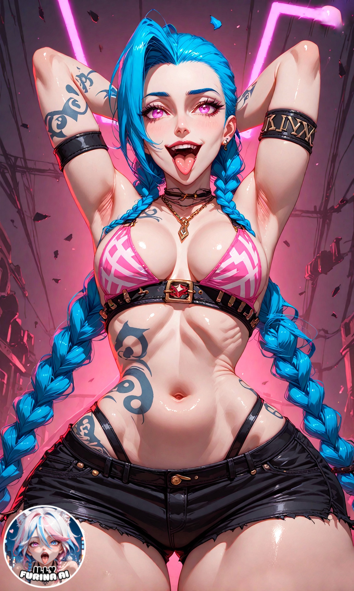 abdomen, ai generated, arcane, arcane jinx, bangs, blue hair, bra, braided hair, braided twintails, breasts, collar, covered nipples, female, female focus, female only, hips, huge thighs, illyfurina, jinx (league of legends), league of legends, league of legends: wild rift, long hair, looking at viewer, medium breasts, navel, open mouth, pink eyes, pixai, riot games, saliva, seducing, seduction, seductive, seductive body, seductive eyes, seductive gaze, seductive look, seductive mouth, seductive pose, seductive smile, shorts, stable diffusion, tattoo, tongue, tongue out, waifu diffusion, waist, watermark