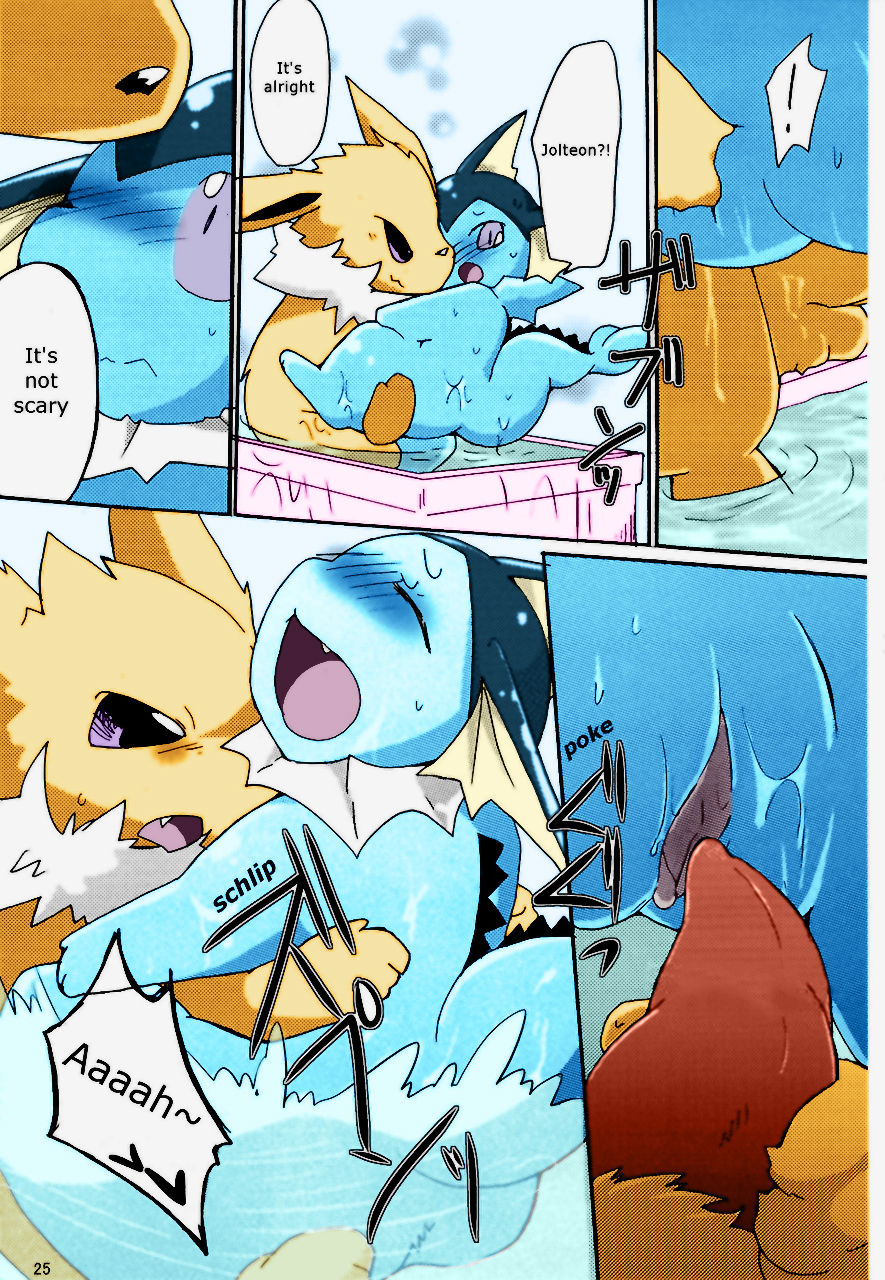 azuma_minatsu blush comic doujinshi eeveelution erection jolteon nintendo penis pokémon_(species) pokemon pussy text vaporeon video_games wet