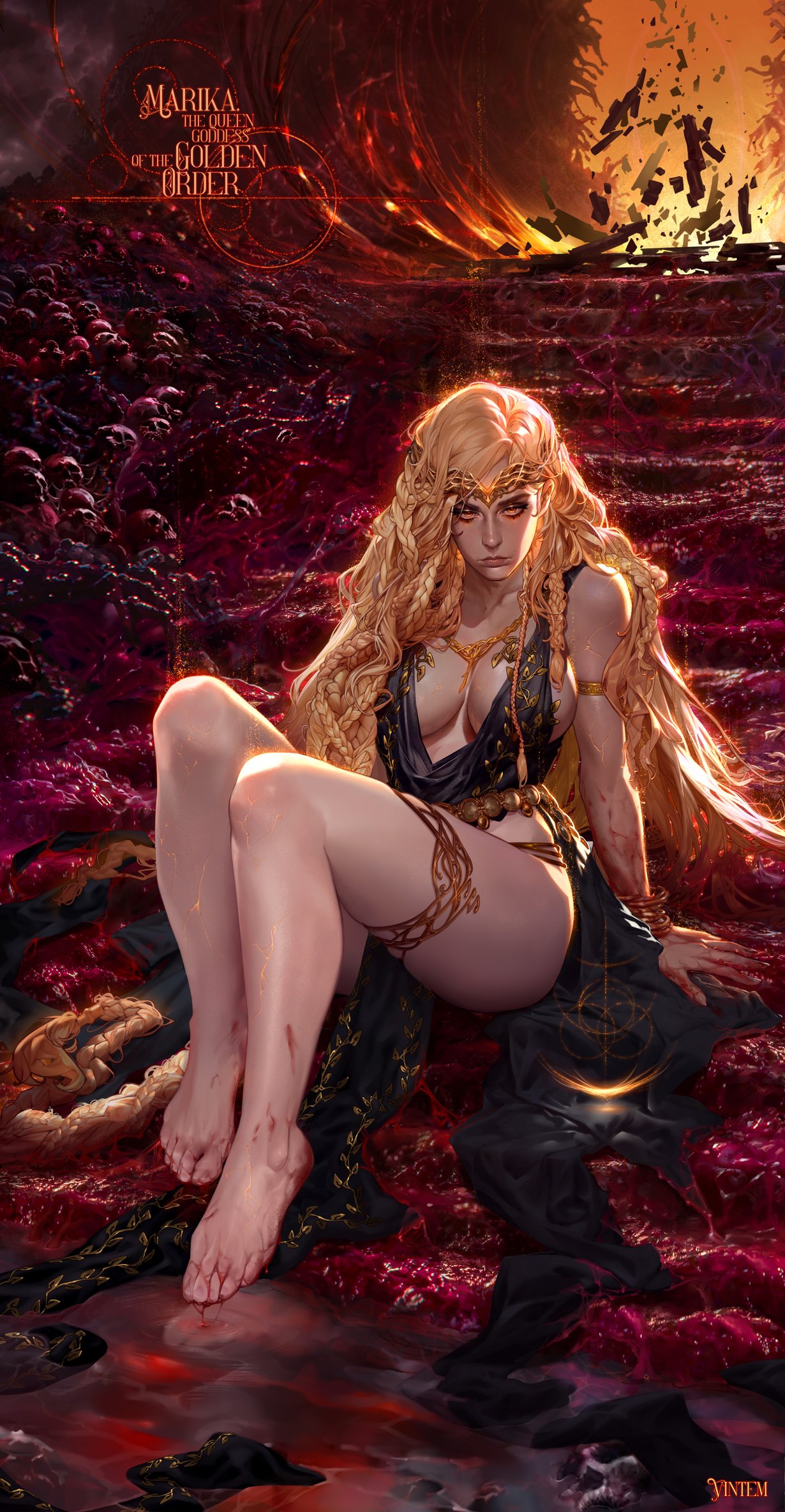 background barefoot blonde_hair breasts cleavage color curvy dress elden_ring feet female female_only foot_fetish gate_of_divinity hi_res huge_breasts legs long_hair queen_marika_the_eternal shadow_of_the_erdtree sitting thick_thighs vintem