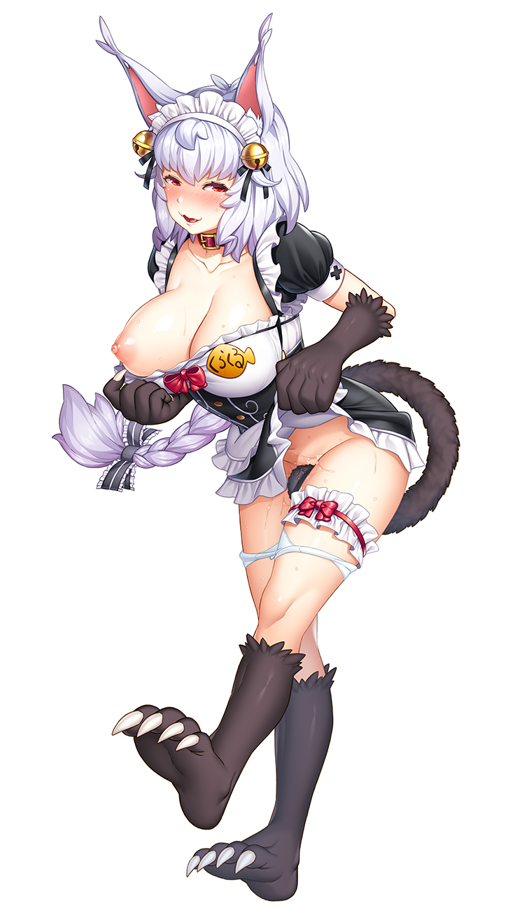 animal_ears bad_link braid breasts cat_ears cat_girl cat_tail crackle_(taimanin) female highres maid nipples pussy_juice red_eyes simple_background smile solo tail taimanin_(series) taimanin_rpgx underwear white_background white_hair