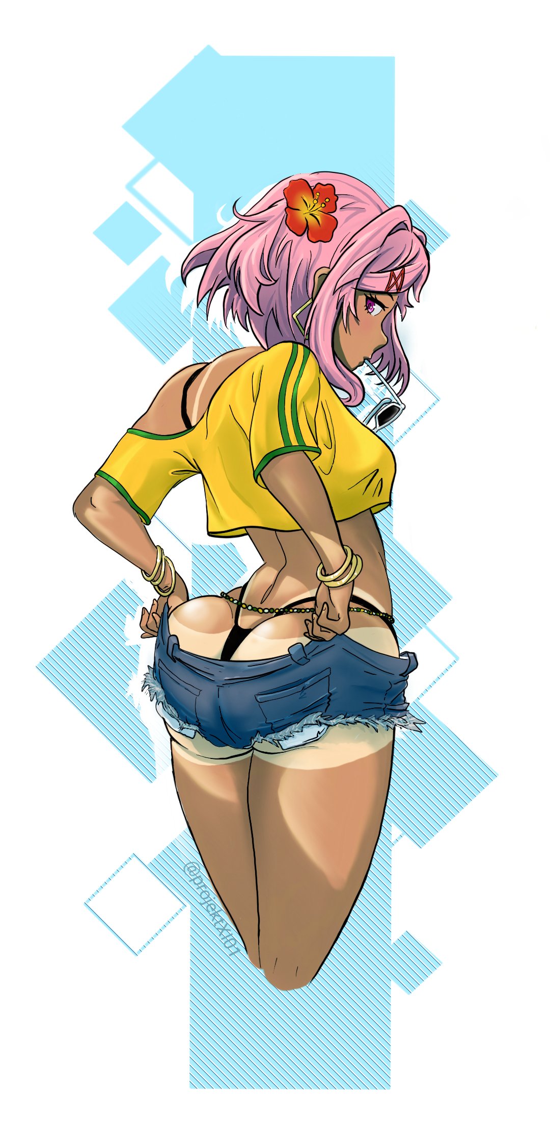 1girls ass belly bra brazil brazilian brazilian_female brown-skinned_female brown_skin butt crop_top doki_doki_literature_club female female_only looking_at_viewer looking_back midriff natsuki_(doki_doki_literature_club) panties pink_eyes pink_hair projektxi01 shirt shorts slim_waist solo sunglasses tan tan-skinned_female tan_skin tanline tanlines tanned thighs tied_hair whale_tail wide_hips