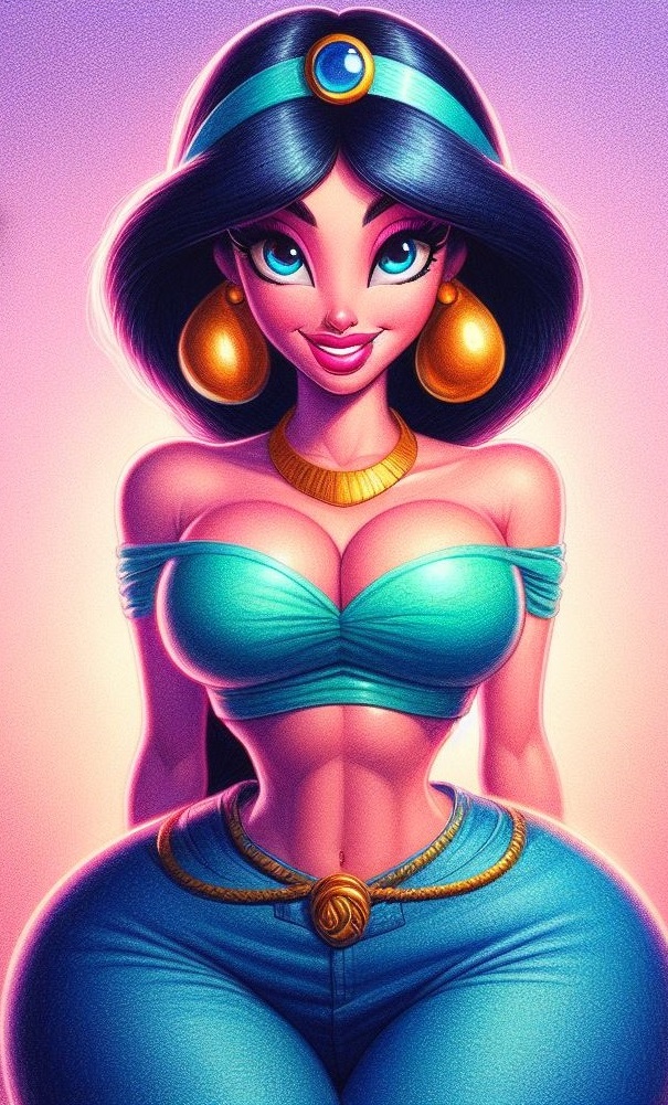 1female ai_generated aladdin aladdin_(1992_disney_film) arabian arabian_clothes arabian_female big_breasts dall-e3 disney disney_princess middle_eastern middle_eastern_female princess_jasmine smiling thick_thighs wide_hips