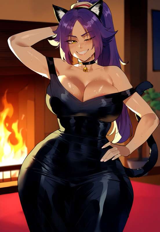 1girls, ai generated, big breasts, black dress, bleach, bleach: the thousand-year blood war, breasts, cat ears, dark-skinned female, dress, female, juuicyai, long hair, mature, mature female, purple hair, shihouin yoruichi, solo, solo female, thick thighs, thighs, yellow eyes
