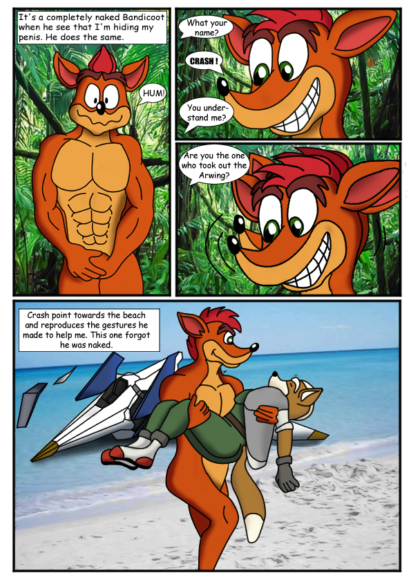 2boys activision aircraft anthro anthro_only bandicoot beach black_nose canid canine ciel-wolf clothed clothing comic covering covering_crotch crash_(series) crash_bandicoot crossover duo forest fox fox_mccloud fur furry furry_male furry_only gay jungle male male/male male_only mammal marsupial nintendo nude orange_fur star_fox vehicle video_games