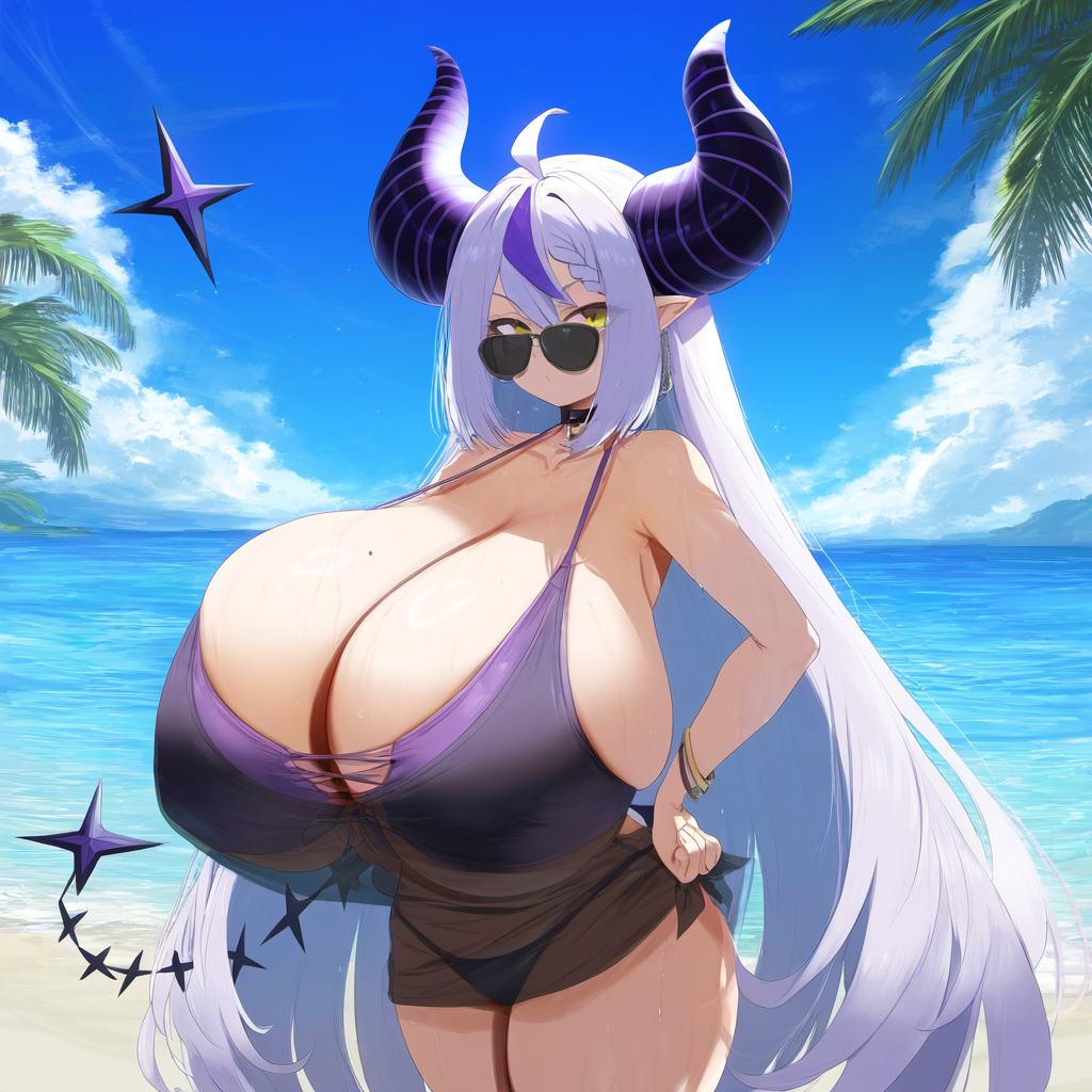 ai_generated ameanon beach big_breasts bikini bikini_under_clothes breasts breasts_bigger_than_head choker cleavage gigantic_breasts hands_on_hips hololive horns huge_breasts la+_darknesss large_breasts see-through see-through_clothing see-through_top sideboob sunglasses tail thick_thighs virtual_youtuber vtuber