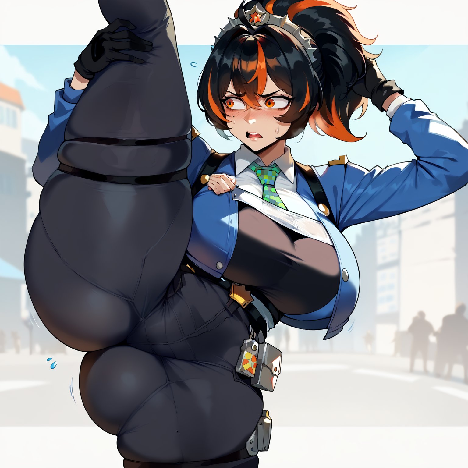 1girls, ai generated, ass, blush, breasts, embarrassed, female, light skin, light-skinned female, massive ass, massive breasts, policewoman, smogai, solo, standing on one leg, thick thighs, zenless zone zero, zhu yuan