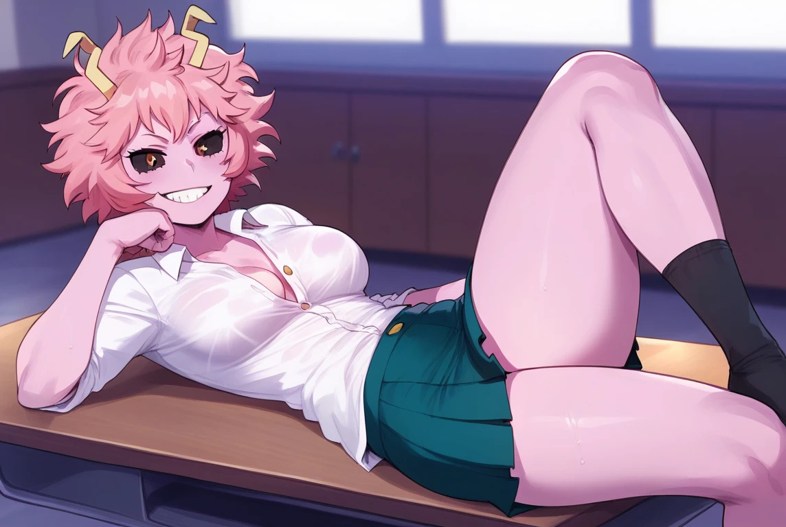 ai generated, bare legs, big breasts, black eyes, boku no hero academia, breasts, female, horn, horns, huge breasts, huge thighs, large breasts, looking at viewer, mina ashido, my hero academia, pink body, pink hair, pink skin, quillai, school uniform, schoolgirl, short hair, shounen jump, smiling, solo female, squatting, sweat, sweatdrop, thick thighs, thighs, thighs bigger than head, voluptuous, voluptuous female