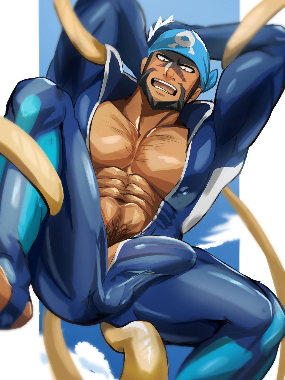 archie_(pokemon) balls bara beard bodysuit boner bulge erection erection_under_clothes facial_hair headkerchief male male_only muscles muscular nintendo penis pokemon solo solo_male team_aqua tenpra_plus tentacle tentacle_on_male