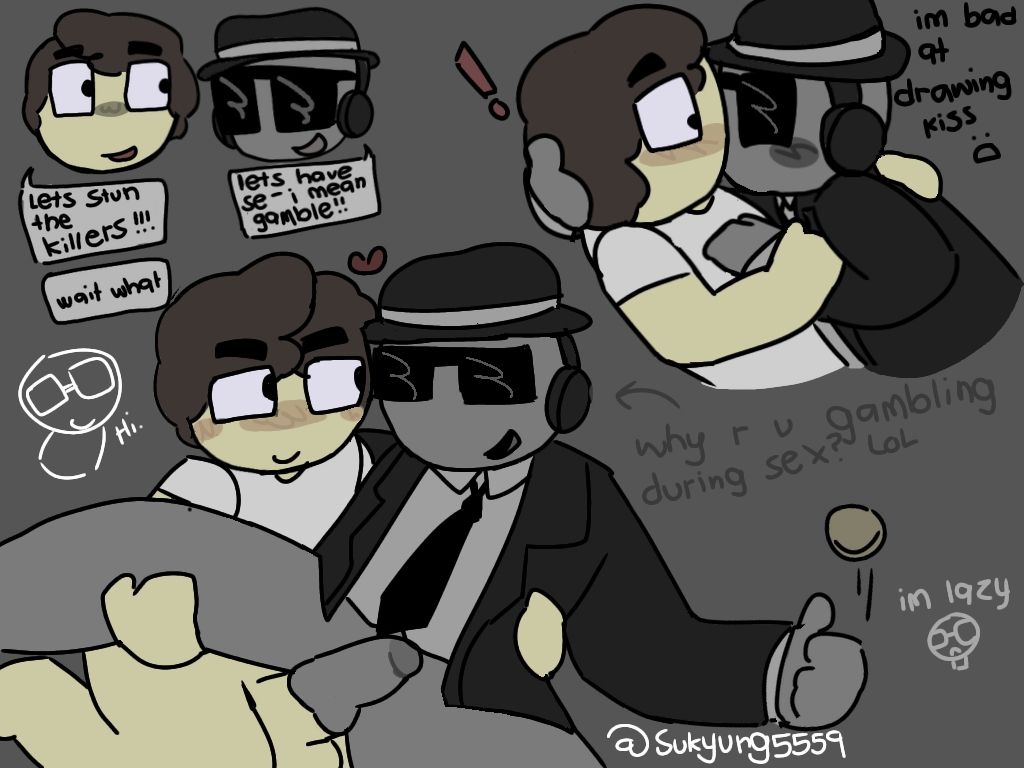 !, 2boys, bottomless, bottomless male, brown hair, chance (forsaken), chat box, coin, dialogue, english text, fedora, forsaken (roblox), gay, gay sex, grey background, grey skin, heart, kiss on lips, kissing, leg up, male, male only, male/male, penis, penis in ass, roblox, roblox game, robloxian, self upload, shades, shedletsky, shedletsky (forsaken), smiling at partner, suit and tie, suit jacket, sukyung5559, tagme, text, watermark, white shirt, white undershirt, yellow skin