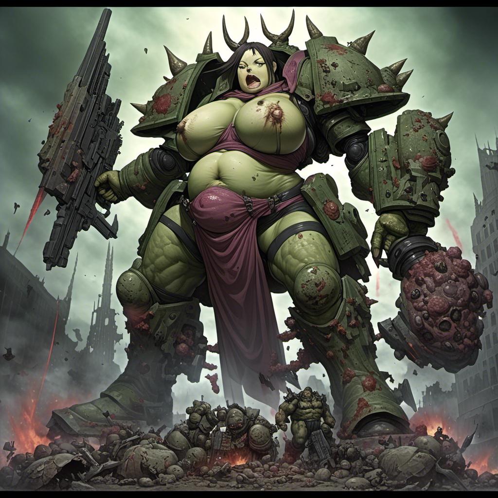 ai_generated armored_female big_breasts black_hair chaos_(warhammer) chubby_female exposed_breasts green_skin monster_girl nurgle warhammer_(franchise) warhammer_40k