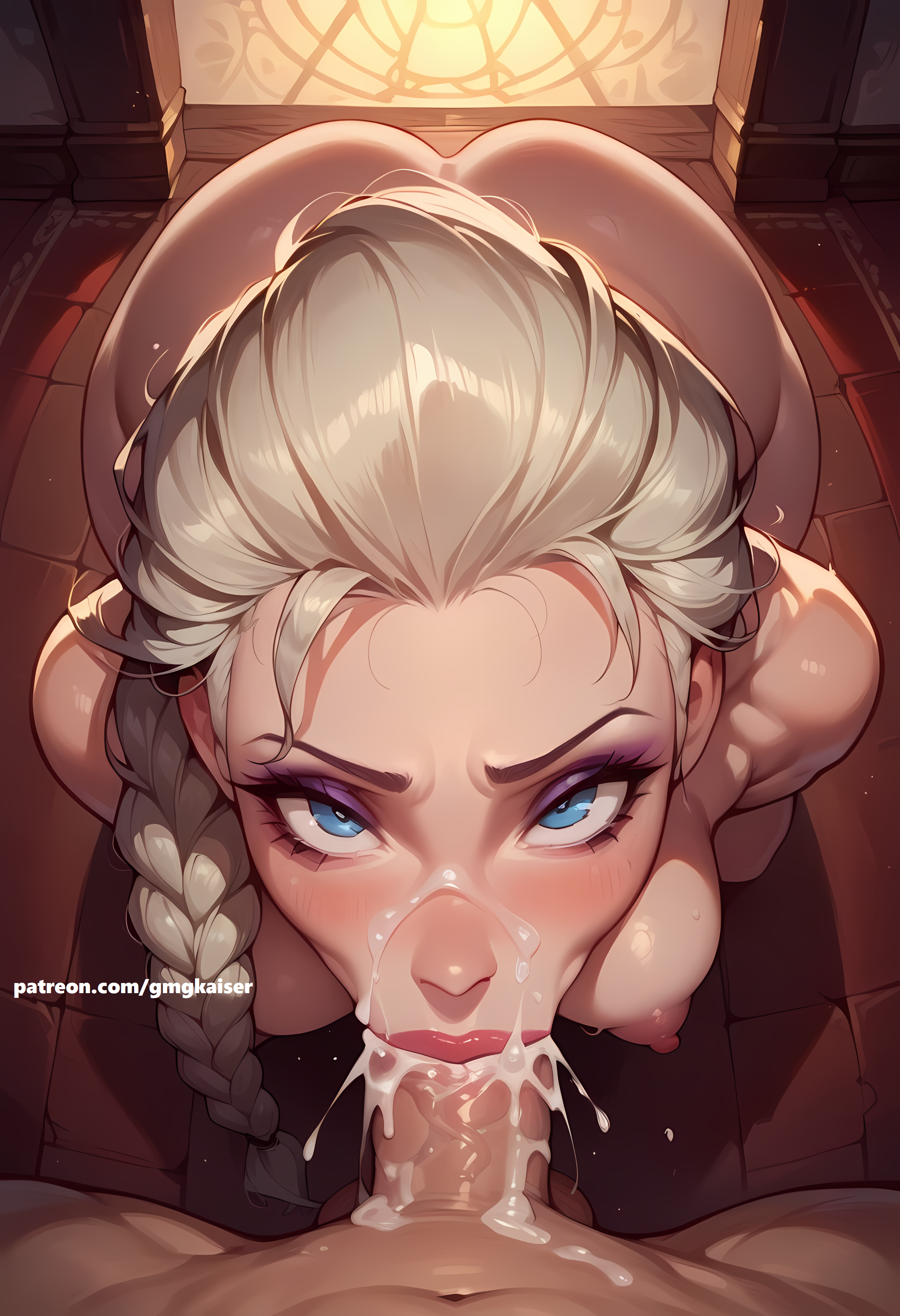 ai generated, blonde hair, breasts, cum, cum in mouth, disney, disney princess, elsa (frozen), fellatio, female, frozen (film), gmgkaiser, large breasts, oral, oral penetration, oral sex, single braid, tagme, uncensored, white female