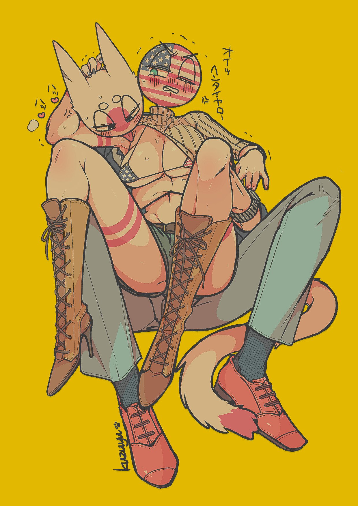 american flag bikini, boots, cat ears, cat tail, countryhumans, countryhumans girl, japan (countryhumans), japanese text, kuzuyu (artist), licking, struggling, united states of america (countryhumans)