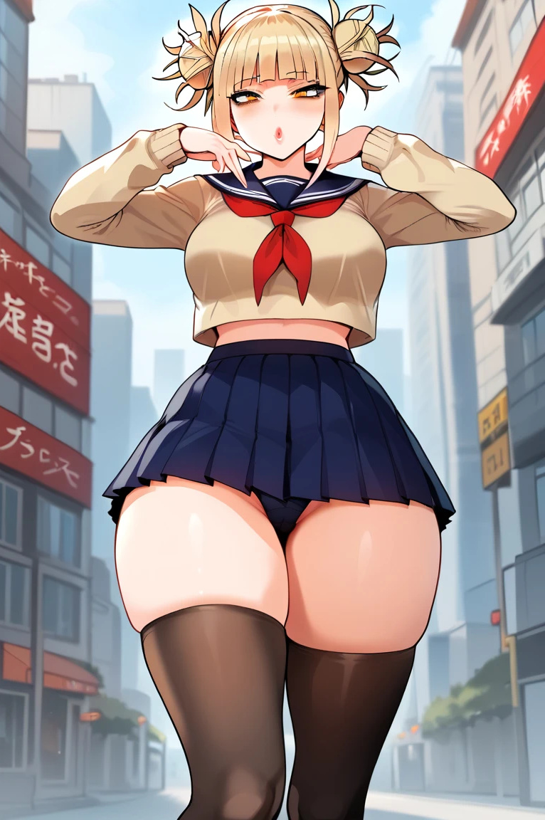 ai generated, bare legs, big breasts, blonde hair, boku no hero academia, breasts, female, hair bun, himiko toga, huge breasts, huge thighs, large breasts, light skin, light-skinned female, looking at viewer, miniskirt, my hero academia, panties, quillai, school uniform, schoolgirl, shounen jump, solo female, stockings, thick thighs, thighs, thighs bigger than head, voluptuous, voluptuous female, yellow eyes