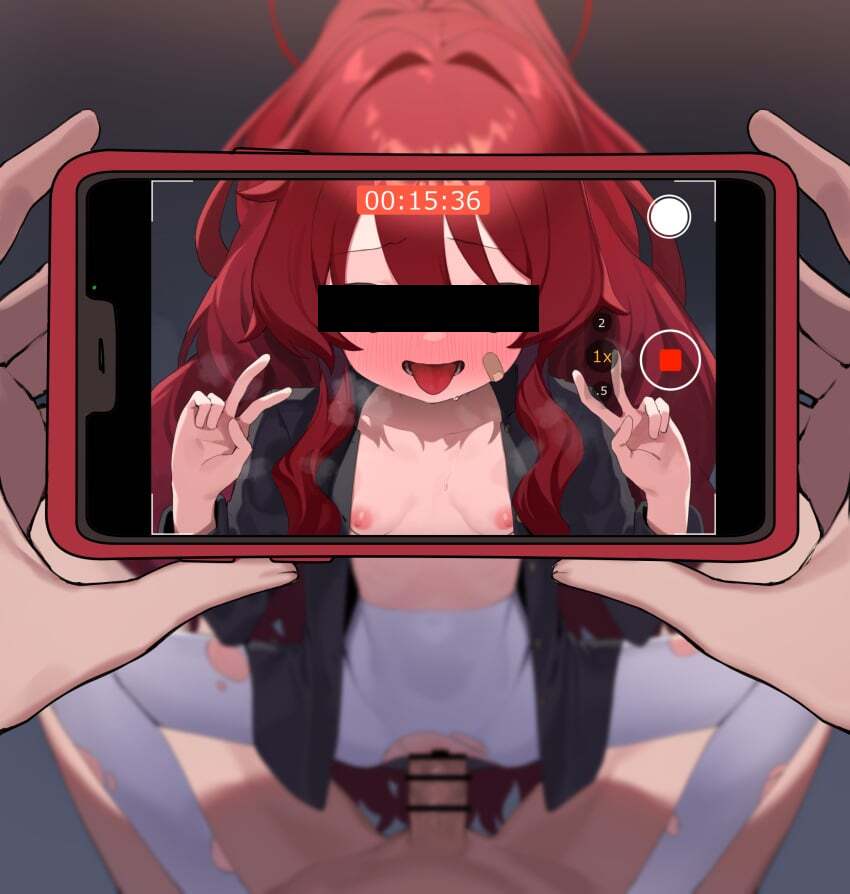 1boy ashiharatsumori_koito bandaid bandaid_on_cheek bandaid_on_face bar_censor blush breasts breath censored clothed_sex cowgirl_position double_v female heavy_breathing highres holding holding_phone long_hair long_sleeves looking_at_viewer navel nipples no_pants open_clothes open_mouth pantyhose penis phone project_kv recording red_eyes red_hair sex signalviolet small_breasts solo_focus spread_legs squatting_cowgirl_position straddling straight tongue tongue_out torn_clothes torn_pantyhose v vaginal_penetration very_long_hair white_pantyhose