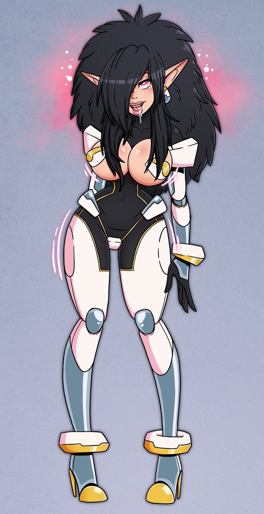 black_hair breasts breasts_outside clothed drool drooling elf elf_ears female female_only femsub freckles fully_clothed hair_covering_one_eye heart heart_eyes high_heels long_hair original pink_eyes revealing_clothes skimpy_clothes solo symbol_in_eyes wrenzephyr2