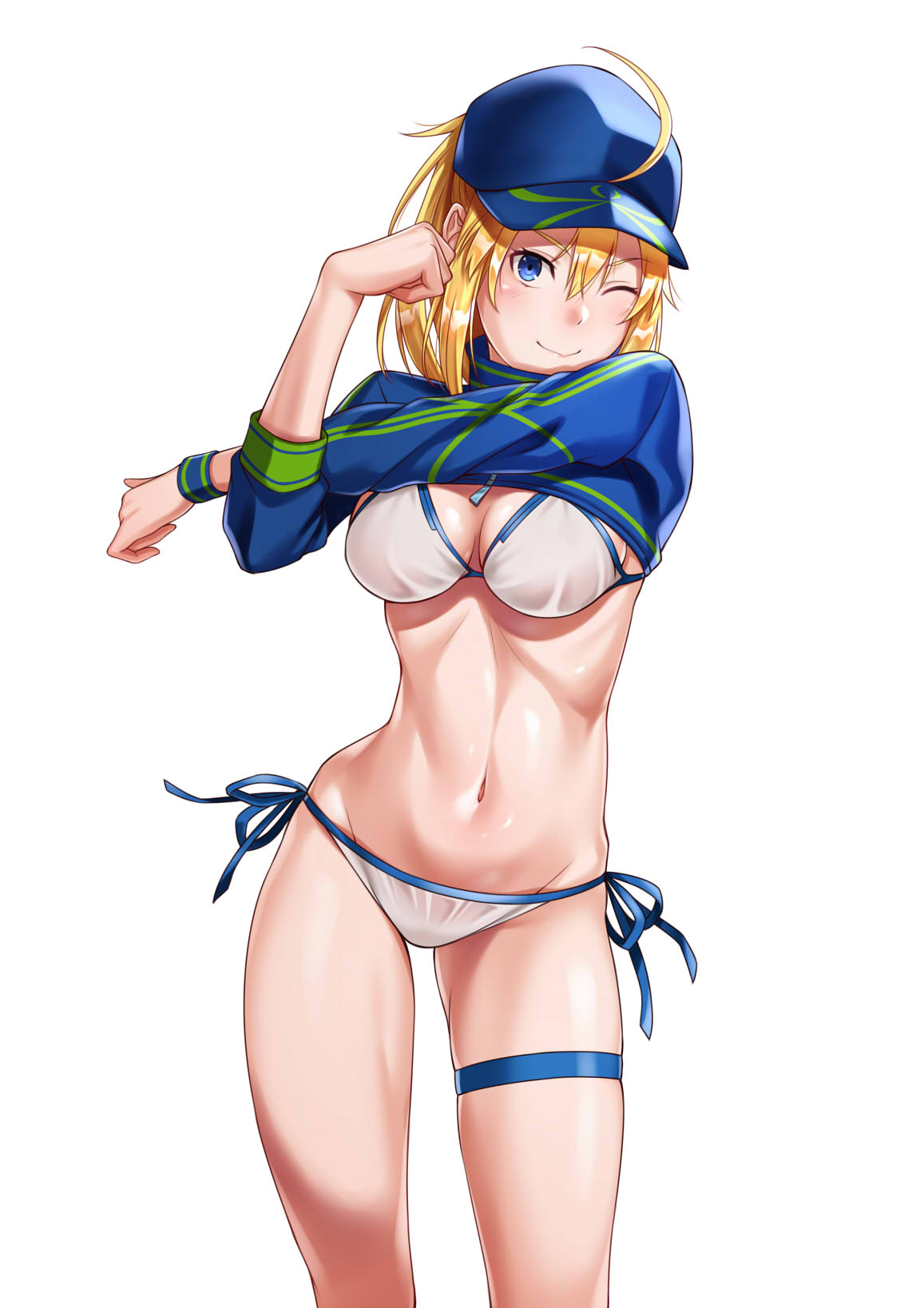 1girls adult adult_female ahoge antenna_hair artoria_pendragon_(fate) bare_belly bare_hands bare_hips bare_legs bare_midriff bare_navel bare_skin bare_thighs belly belly_button bikini bikini_bottom bikini_top blonde_eyebrows blonde_female blonde_hair blonde_hair blonde_hair_female blue_cap blue_eyes blue_eyes_female blue_hat blue_jacket blue_thighband blue_topwear blush blush blushing_at_viewer blushing_female breasts busty busty_female cap cleavage dot_nose elbows eyebrows_visible_through_hair fate/grand_order fate_(series) female female_focus female_only fingers groin hair_between_eyes hat high_resolution highres hourglass_figure jacket large_breasts lean_body lean_figure legs light-skined_female light-skinned light-skinned_female light_skin light_skin_female light_skinned light_skinned_female long_hair looking_at_viewer mature mature_female mysterious_heroine_xx_(fate) navel one_eye_closed one_eye_open shoulders side-tie_bikini simple_background slender_body slender_waist slim_girl slim_waist smile smiley_face smiling smiling_at_viewer solo standing stretching stretching_arms string_bikini swimsuit swimwear tawagoto_dukai_no_deshi thick_thighs thigh_gap thighband thighs thin_waist topwear track_jacket upper_body v-line white_background white_bikini white_bikini_bottom white_bikini_top white_string_bikini white_swimsuit white_swimwear wide_hips wink winking winking_at_viewer winking_eye zaregoto_tsukai_no_deshi