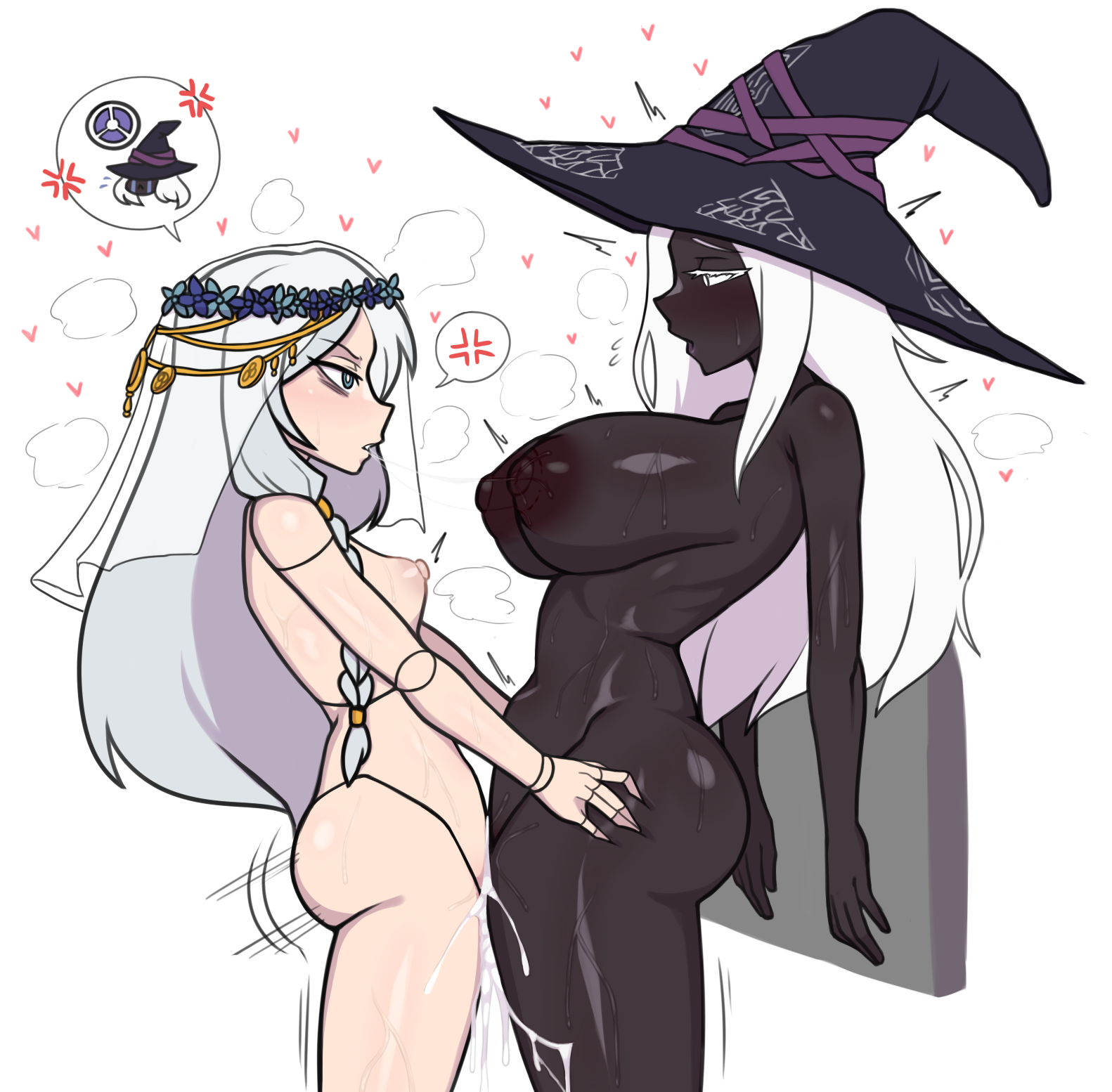 1futa, 1girls, anger vein, blue eyes, blush, chocolate and vanilla, cum, cum in pussy, cum inside, dark-skinned female, doll, doll girl, doll joints, elden ring, elden ring nightreign, futa on female, futanari, gameplay mechanics, hearts around body, heavy breathing, interracial, karei (otachi18), large breasts, larger female, light-skinned futa, one eye closed, open mouth, perky breasts, recluse (nightreign), revenant (nightreign), sex, small dom big sub, smaller futa, spoken anger vein, standing missionary, standing sex, sweat, thigh grab, vaginal penetration, veil, white background, white eyes, white hair, witch, witch hat