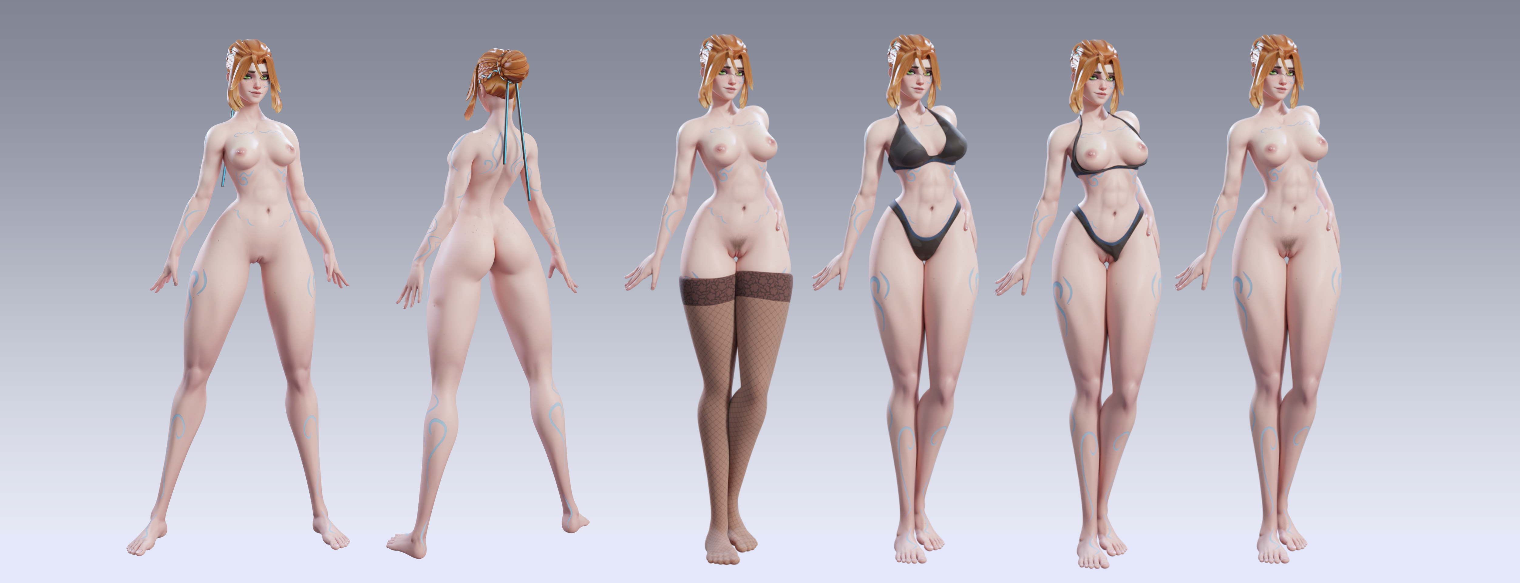 3d (artwork), blizzard entertainment, dzooworks, female focus, female only, freja (overwatch), ginger female, half naked, half-dressed, nordic female, overwatch, pale-skinned female, pussy