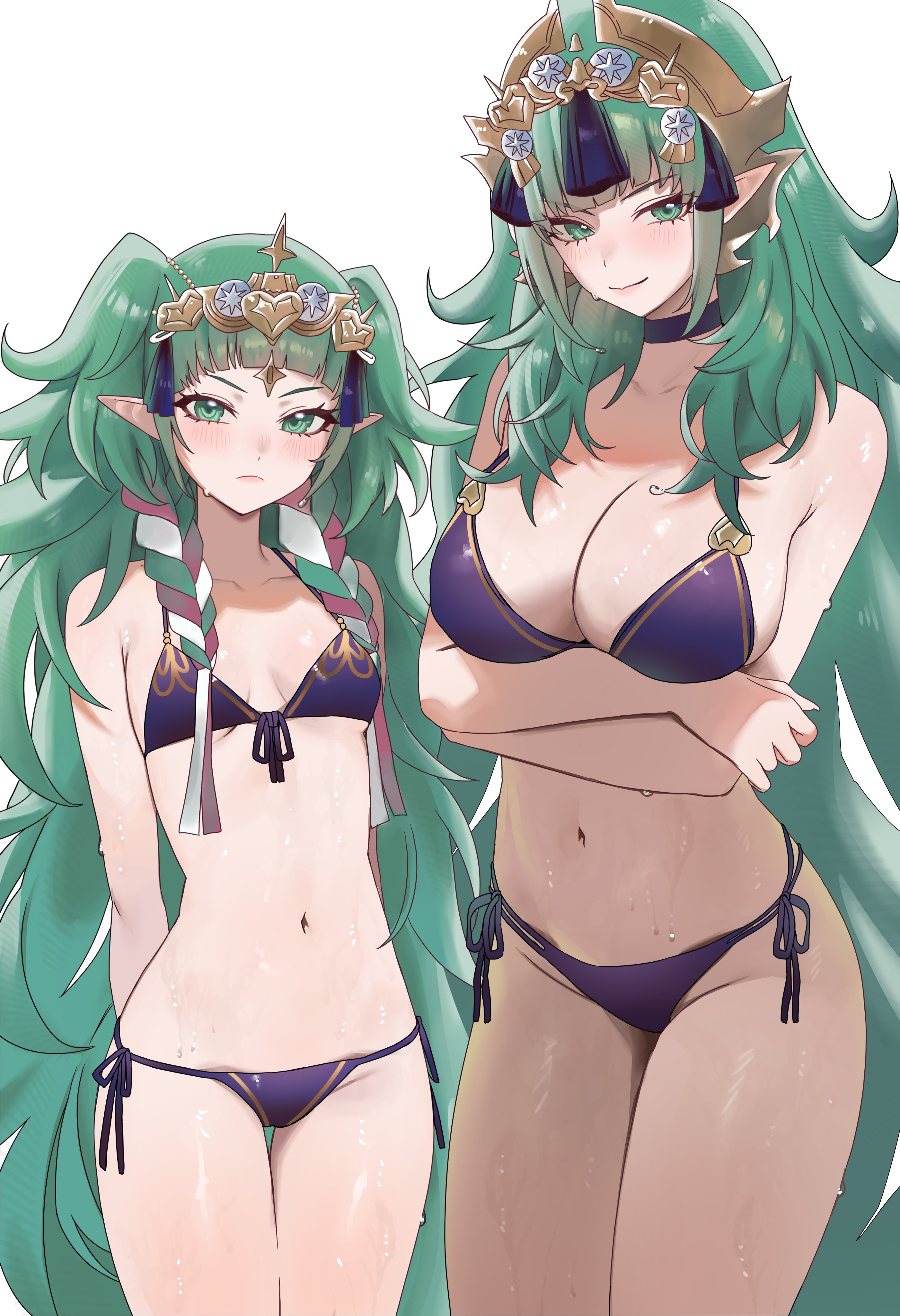 bikini, female, female focus, female only, fire emblem, fire emblem: fortune's weave, fire emblem: three houses, green hair, light skin, light-skinned female, long hair, nintendo, sothis (adult) (fire emblem), sothis (fire emblem), twitter link, vitaminechan, white background