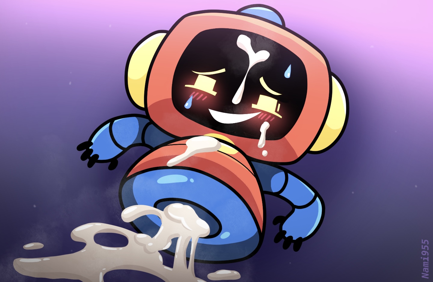 2026, after sex, ambiguous gender, blue arms, blush, blush lines, clydebot (discord), cum, cum on body, cum on face, discord, discord (app), nami955, orange body, robot, robot humanoid, robot joints, robotic, robotic arm, smile, smiling, vagina, yellow eyes
