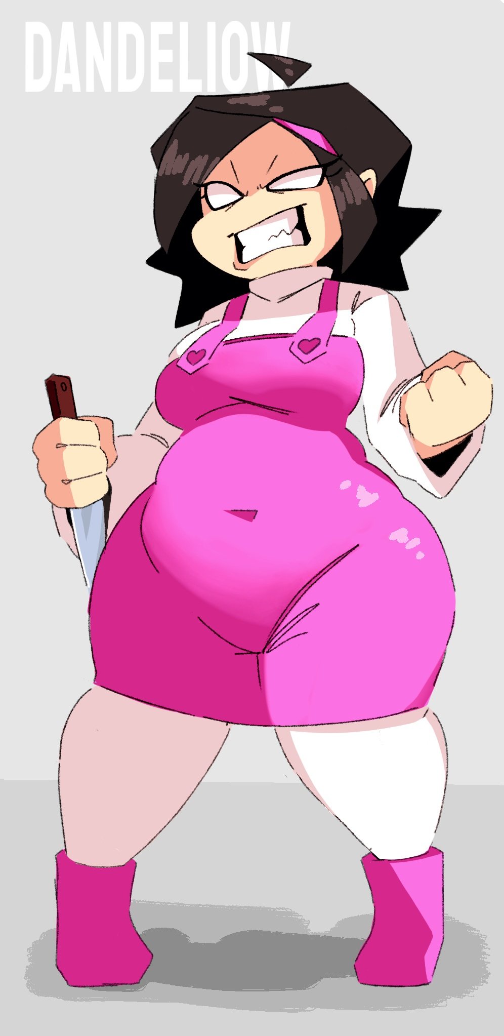 angry, asian female, belly, big breasts, black hair, chubby female, fat ass, female, female only, friday night funkin, huge ass, huge breasts, knife, large breasts, nene (newgrounds), newgrounds, pico's school, sharp teeth, short hair, thick thighs, tight clothing, white eyes, wide hips