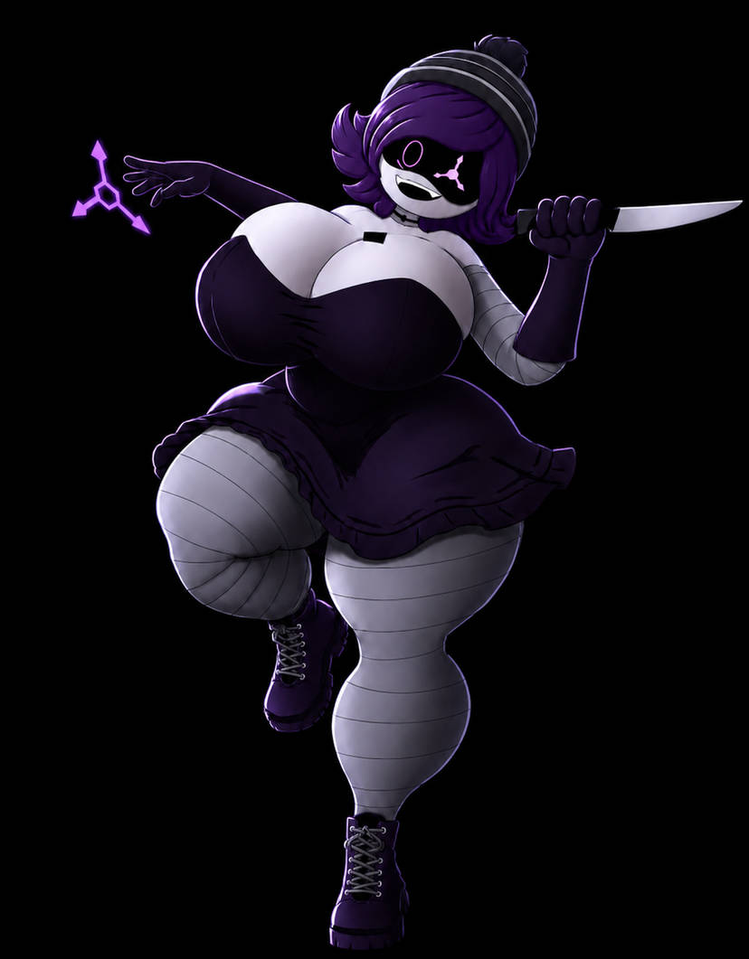 1girls, big boobs, big breasts, black background, black dress, boobs bigger than head, dress, female, female focus, female only, huge breasts, knife, murder drones, prom dress, purple eyes, purple hair, solo, solo female, solo focus, thick thighs, thighs, uzi (murder drones)