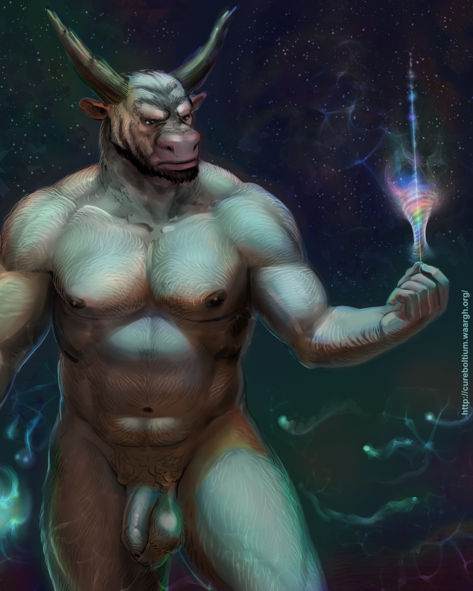 balls bovine cureboltium flaccid glowing magic male male_only mammal minotaur muscular nude penis pubes slightly_chubby solo space starry_background uncut