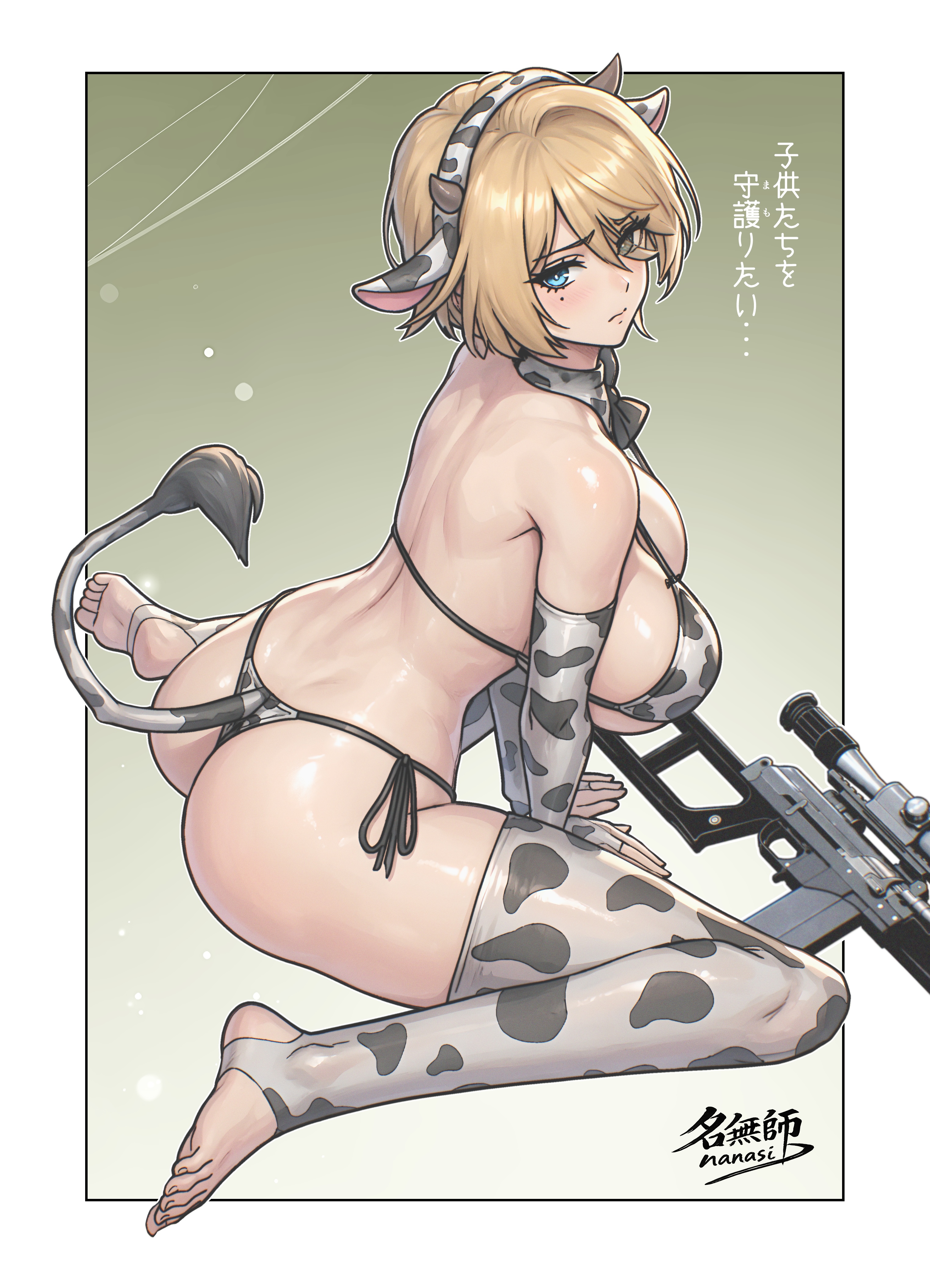 1girl, absurdres, alternate costume, animal ear hairband, animal ears, animal print, artist name, ass, back, barefoot, bikini, blonde hair, blue eyes, blush, breasts, bridal gauntlets, commentary request, cow ear hairband, cow ears, cow horns, cow print, cow print bikini, cow print gloves, cow print thighhighs, cow tail, elbow gloves, eyes visible through hair, fake animal ears, fake horns, fake tail, from side, girls' frontline, girls' frontline 2: exilium, gloves, gun, hair over one eye, hairband, highres, horns, japanese text, kneeling, large breasts, looking at viewer, looking to the side, median furrow, meimushi, mole, mole under eye, nikketa (girls' frontline 2), print bikini, print gloves, print thighhighs, rifle, scope, short hair, shoulder blades, side-tie bikini bottom, sitting, sniper rifle, stirrup footwear, stirrup legwear, swimsuit, tail, thighhighs, toes, translation request, vsk-94, vsk-94 (girls' frontline), wariza, weapon