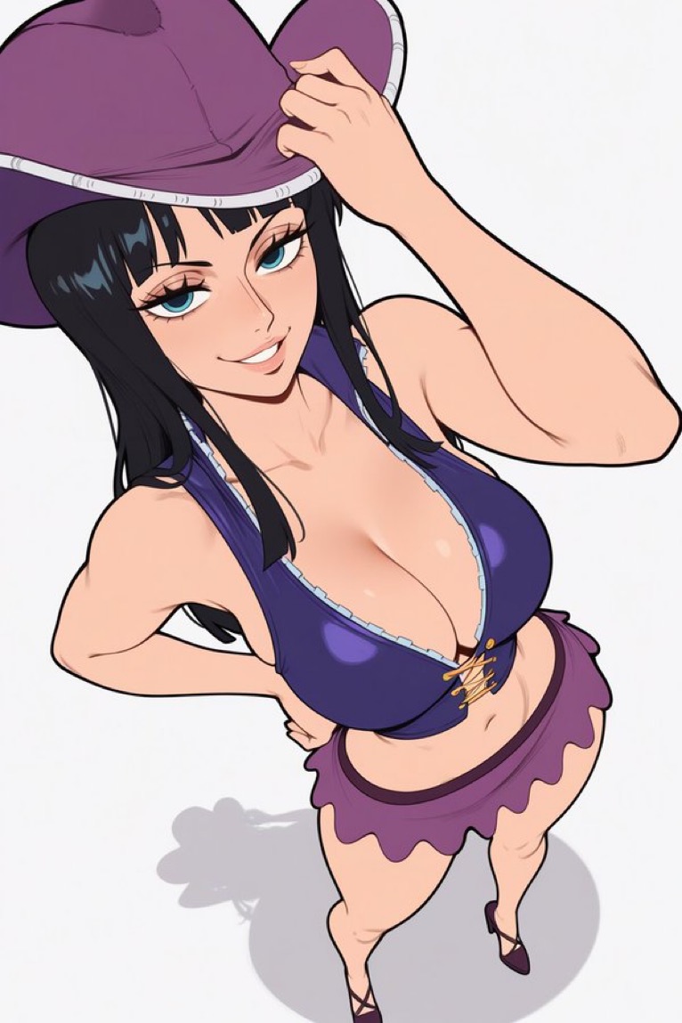 1girls 2d 2d_(artwork) ai_generated bangs big_breasts black_hair blue_eyes blush breasts cleavage feet female female_only hat heels high_heels legs light-skinned_female long_hair looking_at_viewer nico_robin one_piece seductive seductive_look seductive_smile sexy sexy_body sexy_female slim_waist smile smiling_at_viewer solo solo_female tall_female thick_thighs thighs waifuinvoker white_background