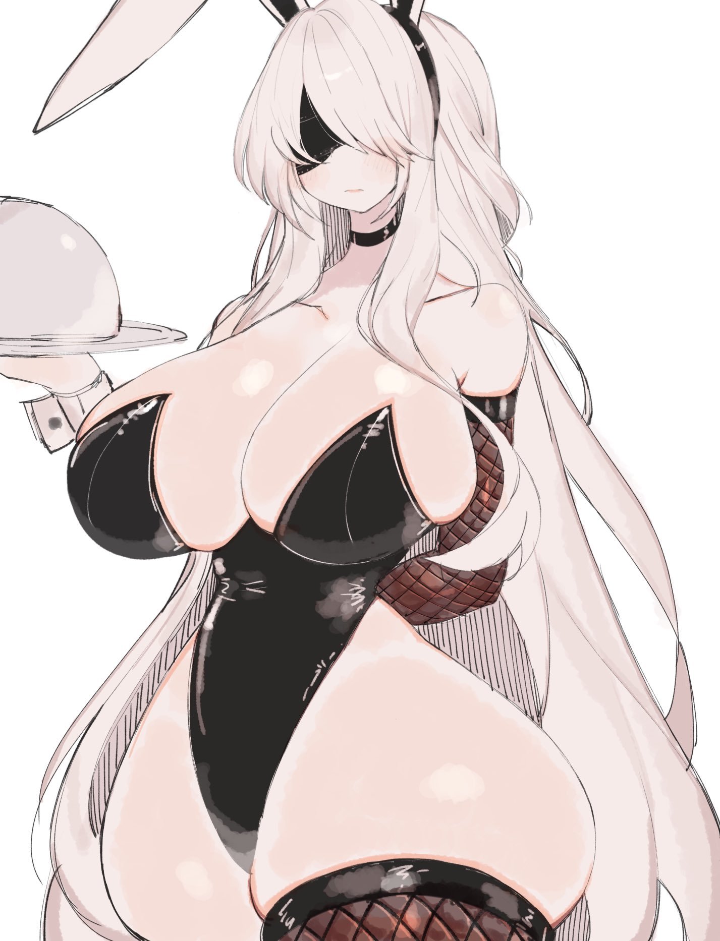alternate hairstyle, blush, bunny girl, bunnygirl, cleavage, curvy, embarrassed, fishnets, gigantic ass, gigantic breasts, hourglass figure, long hair, nier: automata, serving tray, shy, simple background, thick hips, thick thighs, thighhighs, usa37107692, voluptuous, white background, wide hips, yorha 2b