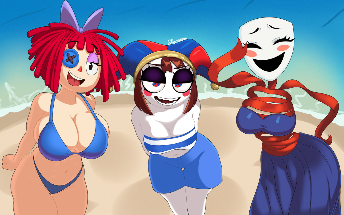 2d, 3girls, beach, bikini, digital media (artwork), female, female only, gangle (the amazing digital circus), glitch productions, gooseworx, looking at viewer, multiple girls, necronnus, pomni (the amazing digital circus), ragatha (the amazing digital circus), swimsuit, tagme, the amazing digital circus