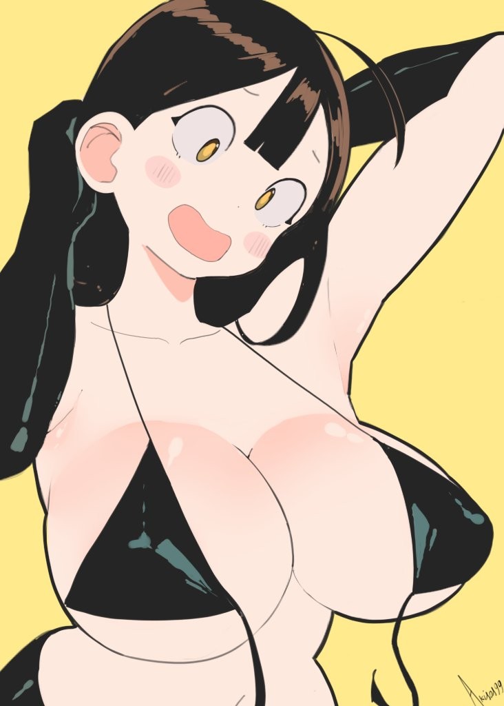 1girl 1girls ahoge akisas99 almost_naked almost_nude arm_behind_head armpit armpit_crease armpit_peek armpits arms_behind_head background big_boobs big_breasts bikini bikini_only bikini_top black_bikini black_bikini_top black_swimsuit black_swimwear breasts brown-eyed_female brown-haired_female brown_eyes brown_hair busty busty_female busty_girl exposed hairless_armpits halterneck hand_behind_head hands_behind_head head_tilt huge_boobs huge_breasts large_boobs large_breasts monotone_background mostly_nude naked naked_female naked_woman nearly_nude nude nude_female nudity oc one_color_background open_mouth original original_art original_artwork original_character original_female_character parted_lips plain_background plump_breasts posing posing_for_the_viewer posing_naked posing_nude practically_nude presenting_armpit shaved_armpits solid_color_background string_bikini swimsuit swimwear tilted_head tongue yellow_background