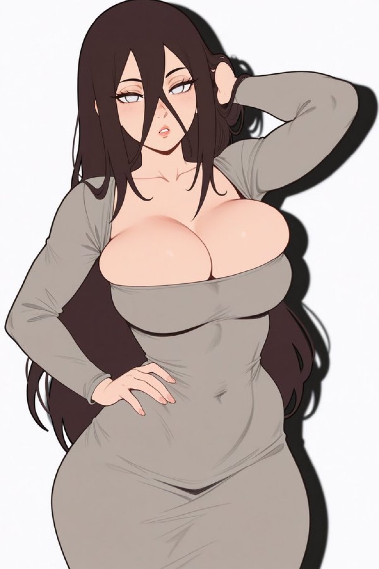 1girls 2d 2d_(artwork) big_breasts blush boruto:_naruto_next_generations breasts brown_hair cleavage curvy curvy_female dress female female_only grey_dress huge_breasts hyuuga_hanabi large_breasts light-skinned_female long_hair looking_at_viewer nail_polish naruto naruto_(series) seductive seductive_eyes seductive_look shadow solo voluptuous_female waifuinvoker white_background wide_hips