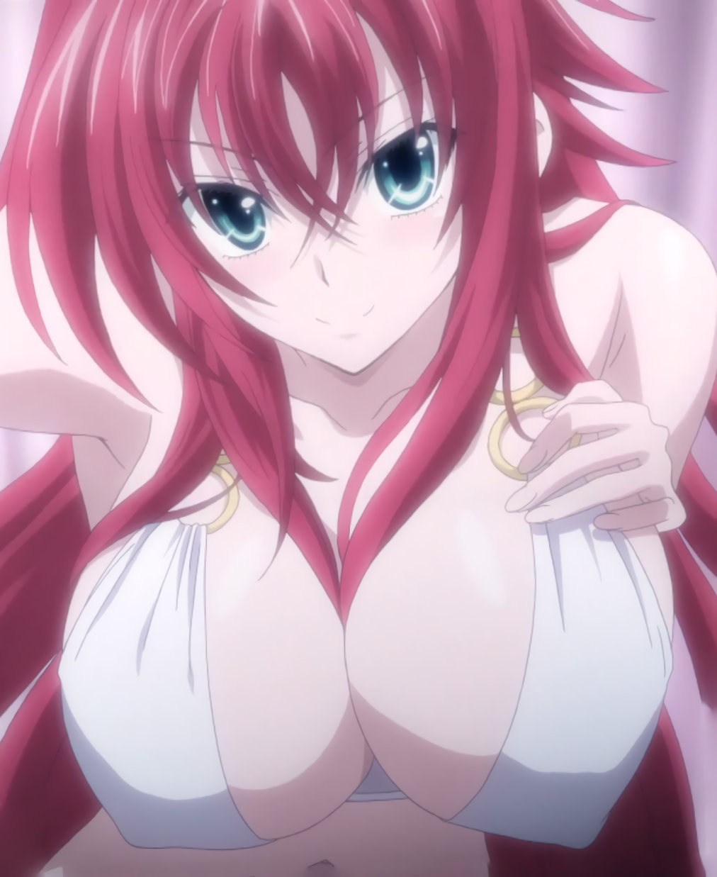 1girls, anime, big breasts, bikini, breasts, cleavage, collarbone, covered erect nipples, crossed bangs, female, female only, green eyes, hair between eyes, hand on own breast, hand on own chest, high school dxd, high school dxd new, highres, large breasts, looking at viewer, navel, nipple bulge, o-ring, o-ring bikini, o-ring top, red hair, rias gremory, screencap, screenshot, sidelocks, smile, solo, swimsuit, tnk (company), white bikini, white swimsuit