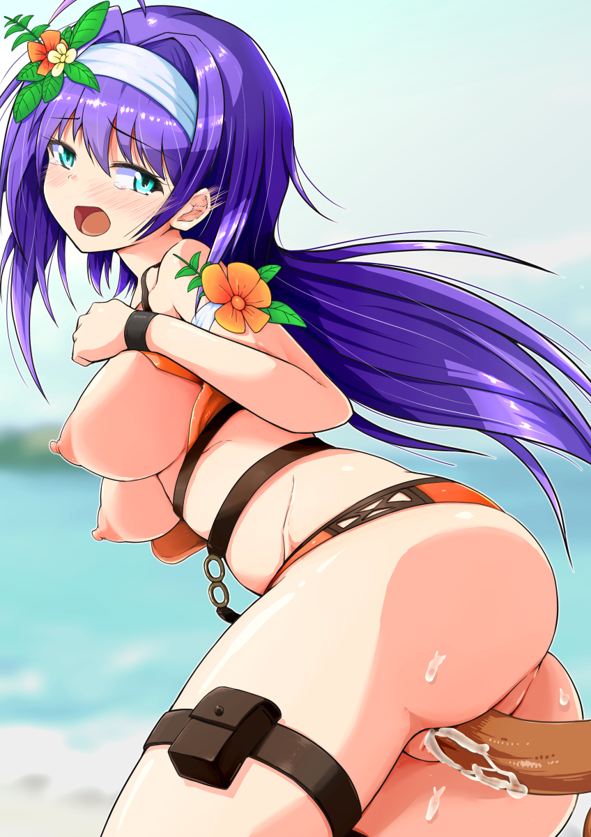 armlet ass bikini bikini_aside blush breasts breasts_out cum cum_in_pussy eyebrows_visible_through_hair female fire_emblem fire_emblem:_path_of_radiance fire_emblem:_radiant_dawn fire_emblem_heroes flower hair_flower hair_ornament hairband highres mia_(fire_emblem) mia_(summer)_(fire_emblem) motion_lines nipples open_mouth oyashimakanya pussy sex standing standing_sex swimsuit swimsuit_removed tears thigh_pouch vaginal_penetration