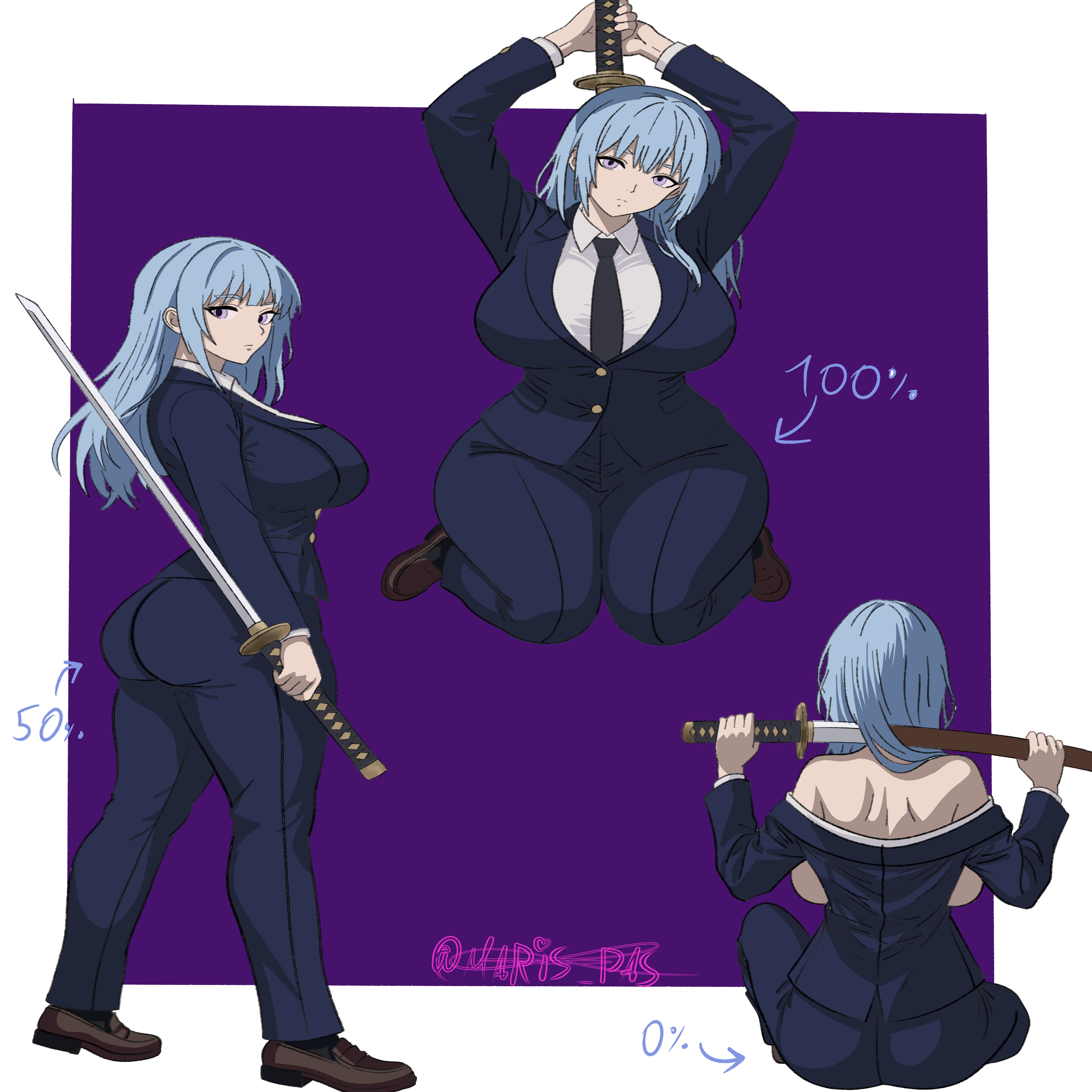 1girls, ass, blue hair, blue-haired female, female, female only, jujutsu kaisen, kasumi miwa, katana, maris (artist), miwa kasumi, purple eyes, school uniform, solo, suit, sword