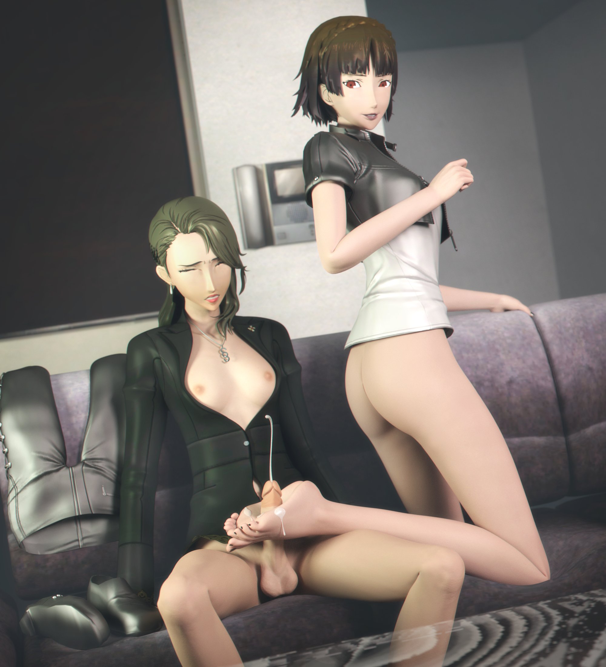 1futa, 1girls, 3d, 3d (artwork), alternate version available, atlus, bottomless, breasts, breasts out, brown hair, closed eyes, couch, cropped jacket, cum, cum alt, cum on feet, cumming, dawadd, dickgirl, dickgirl/female, female on futa, femdom, foot fetish, footjob, futa with female, futanari, futanari orgasm, incest, jacket, living room, long hair, looking back, makoto niijima, makoto niijima (strikers casual), nipples, no panties, no pants, on couch, on knees, orgasm, penis, persona, persona 5, pleasure face, red eyes, sae niijima, sega, short hair, sisters, sitting on couch, small boobs, small breasts, small tits, smile