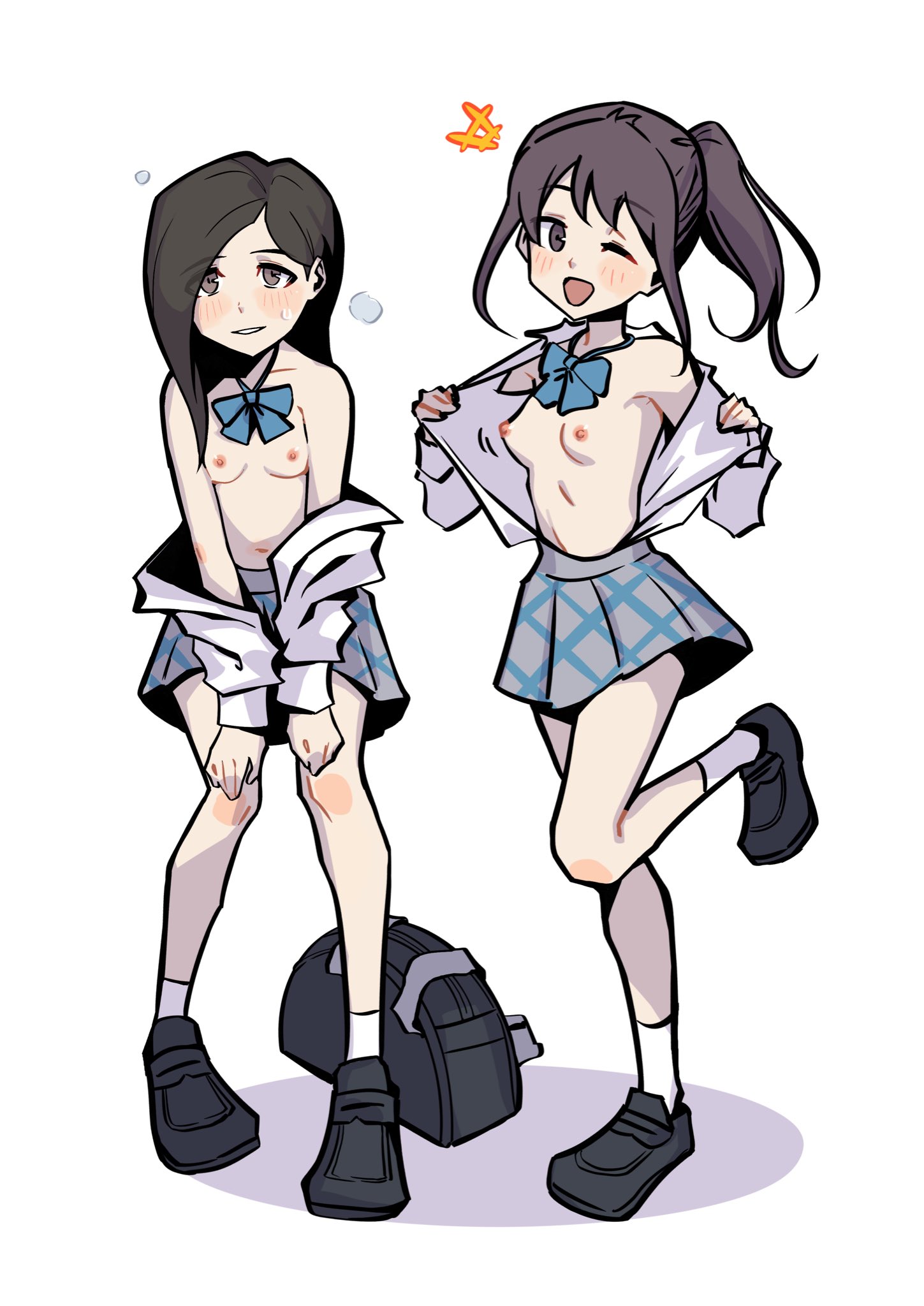 2girls, blush, blushing, blushing at viewer, bow, breasts, brown eyes, brown hair, choker, erect nipples, flashing, flashing breasts, half-dressed, legs, looking at viewer, neo: the world ends with you, nipples, npc, off shoulder, pulling clothing, school uniform, schoolgirl, shirt, shirt open, short skirt, skirt, smile, smiling at viewer, spaghett8, spaghetto087, the world ends with you, thighs, undressing