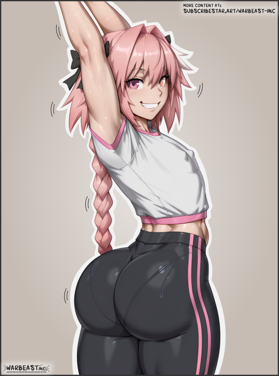 1boy 2d ai ai_art ai_assisted ai_generated androgynous arms_up ass ass_focus astolfo_(fate) athletic athletic_femboy back_view big_ass braided_hair clothed clothing fate_(series) femboy femboy_focus femboy_only feminine_male gym_clothes leggings looking_at_viewer looking_back male nipples_outline pink_eyes pink_hair ribbon round_ass simple_background smiling smiling_at_viewer solo stretching thick thick_ass thick_legs thick_thighs thighs warbeastinc. wide_hips wide_thighs