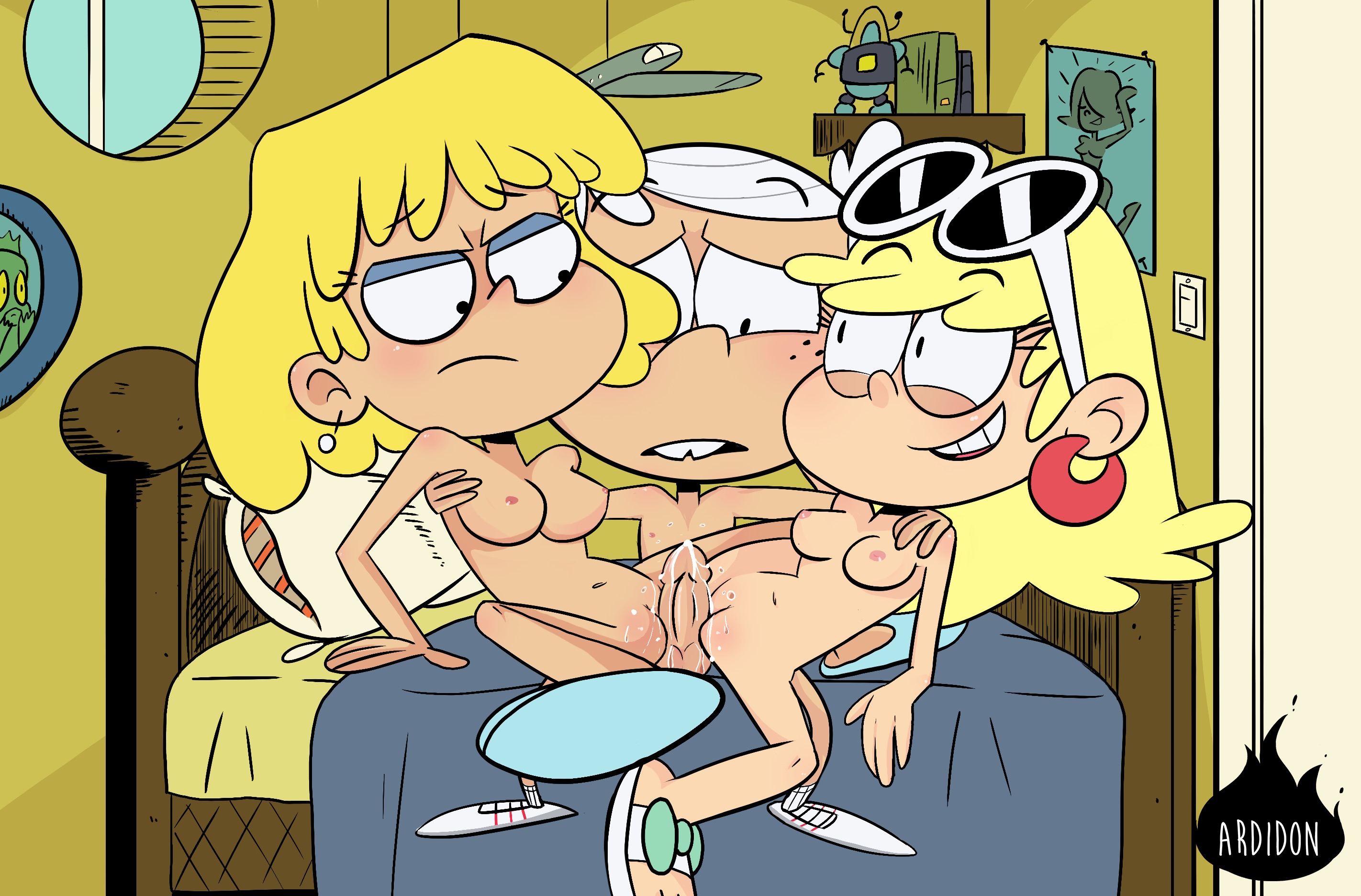 1boy, 2girls, age difference, ardidon, big sister, blonde hair, breasts, brother, brother and sister, brother and sisters, earrings, female, incest, leni loud, lincoln loud, little brother, lori loud, male, nipples, nude, older female, older sister, pussy, sex, spread legs, straight hair, sunglasses on head, the loud house, younger brother, younger male